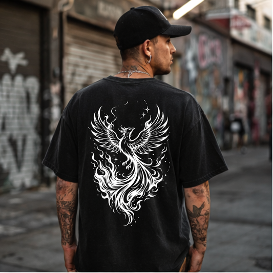 White RISE Phoenix Flame Graphic Tee • Vintage Washed Shirt • Streetwear Comfort Colors 1717 • Wild Reed