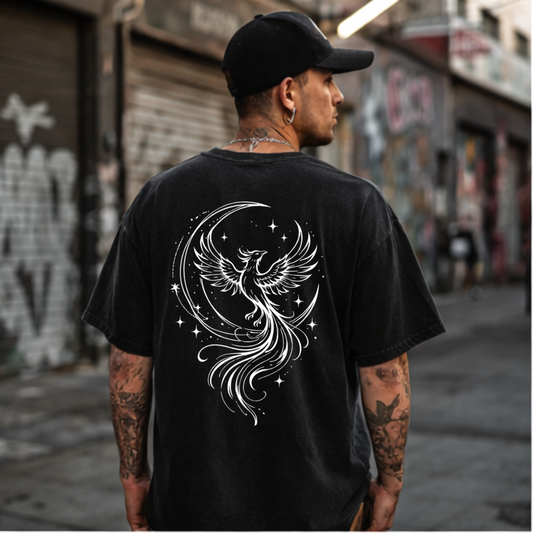 White RISE Phoenix Moon Graphic Tee, Vintage Washed Shirt,  Streetwear Comfort Colors 1717,  Wild Reed