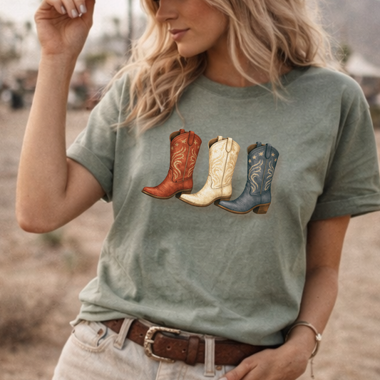 Red White and Boots Shirt • Patriotic Cowgirl Tee • Vintage Western Graphic • Comfort Colors • Wild Reed Apparel
