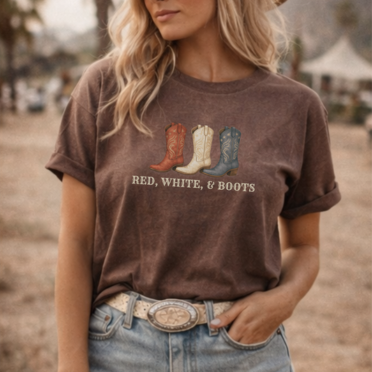 Red White and Boots Graphic & Text Shirt • Patriotic Cowgirl Tee • Vintage Western Graphic • Comfort Colors • Wild Reed Apparel