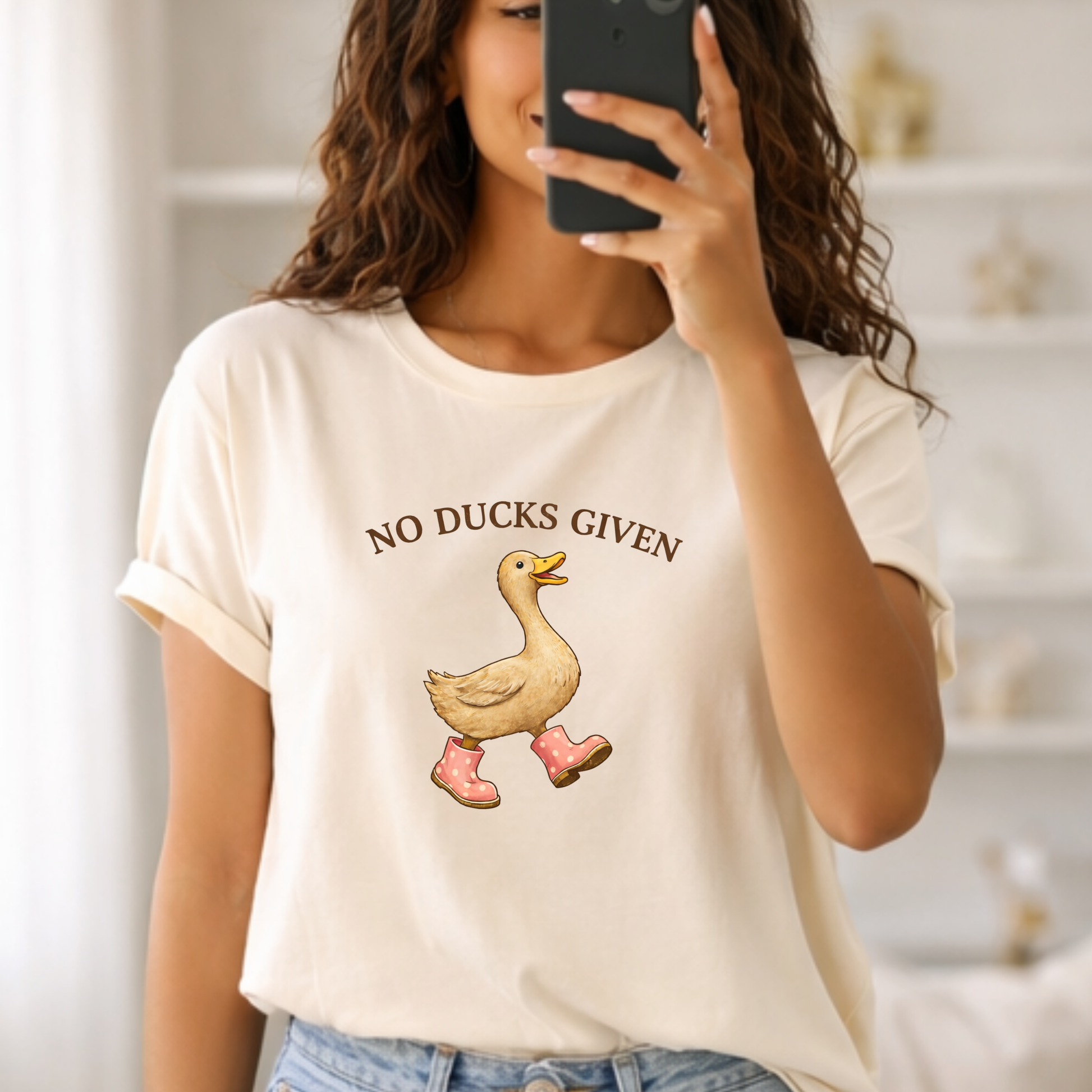 model wearing funny duck shirt bella canvas casual outfit