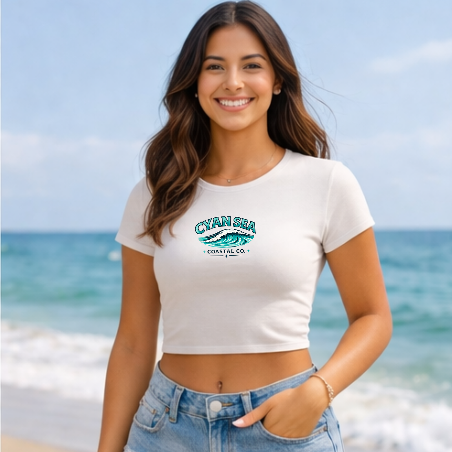 Cyan Sea Cropped Tee – Minimal Wave Logo