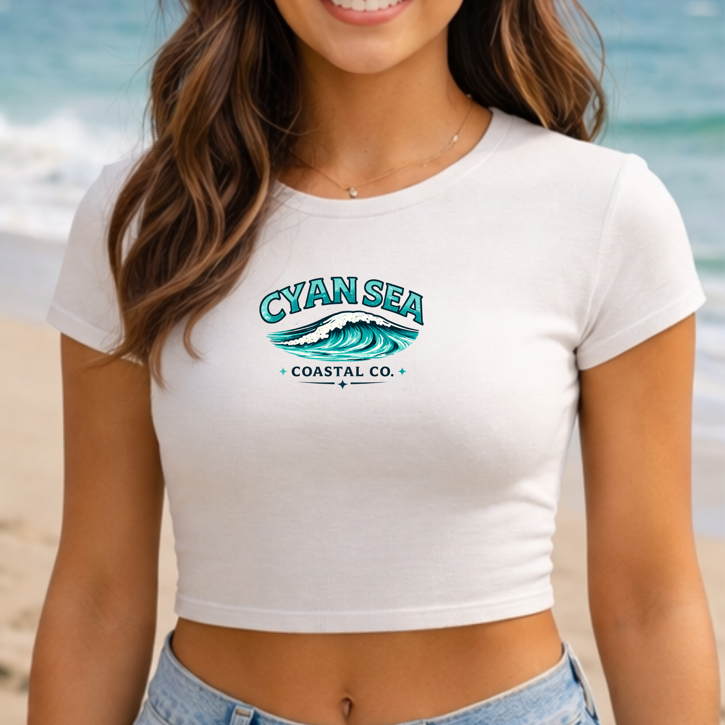 Cyan Sea Cropped Tee – Minimal Wave Logo