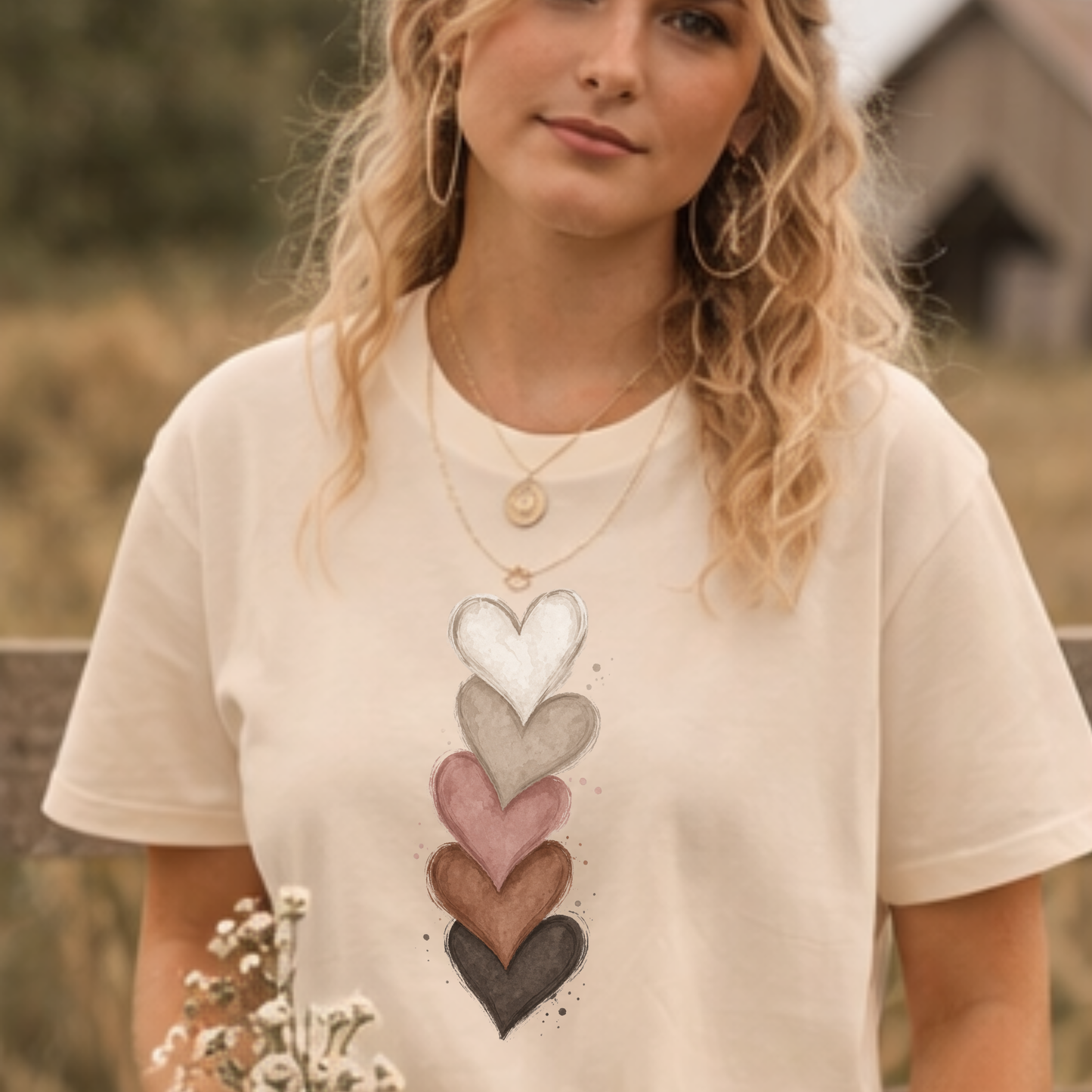 Neutral Bold Stacked Hearts Bella Canvas Tee • Minimal Heart Graphic Shirt • Soft Aesthetic Graphic Tee for Women