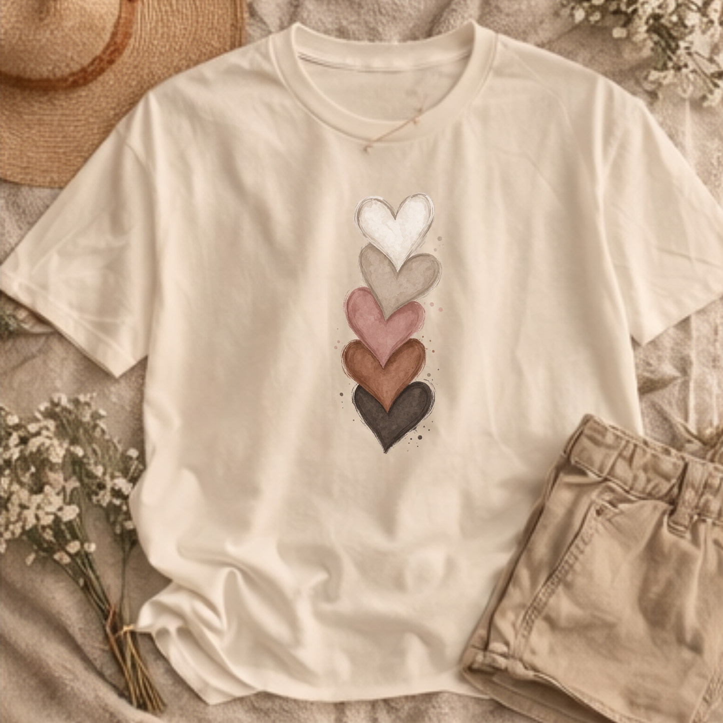 Neutral Bold Stacked Hearts Bella Canvas Tee • Minimal Heart Graphic Shirt • Soft Aesthetic Graphic Tee for Women