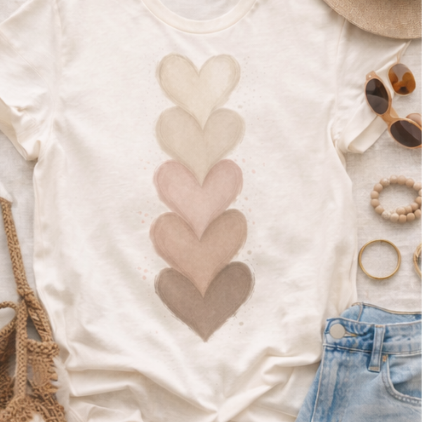 Neutral Boho Heart Shirt • Stacked Hearts Graphic Tee • Minimalist Watercolor Hearts • Soft Aesthetic Tee • Everyday Casual Style