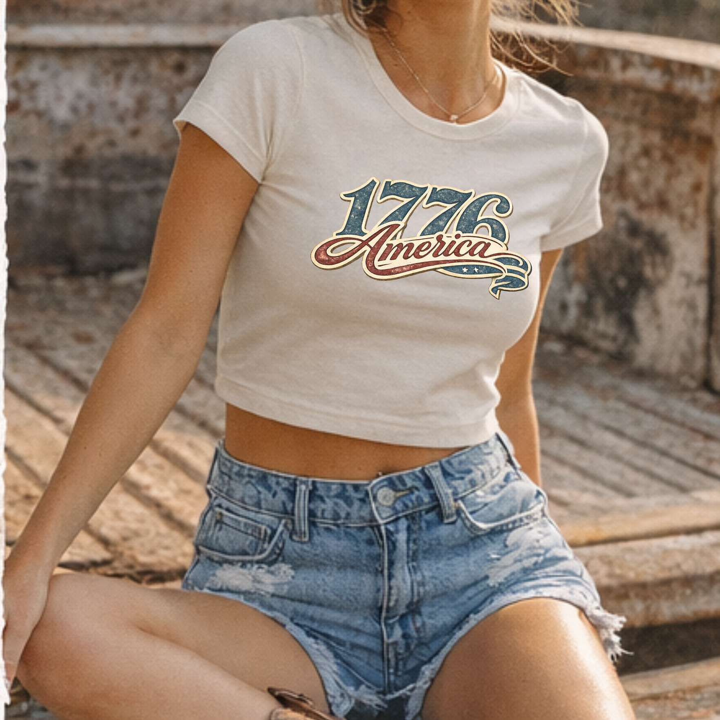 Retro America 1776 Fitted Crop Top • Vintage Patriotic Baby Tee • Americana Graphic Tee