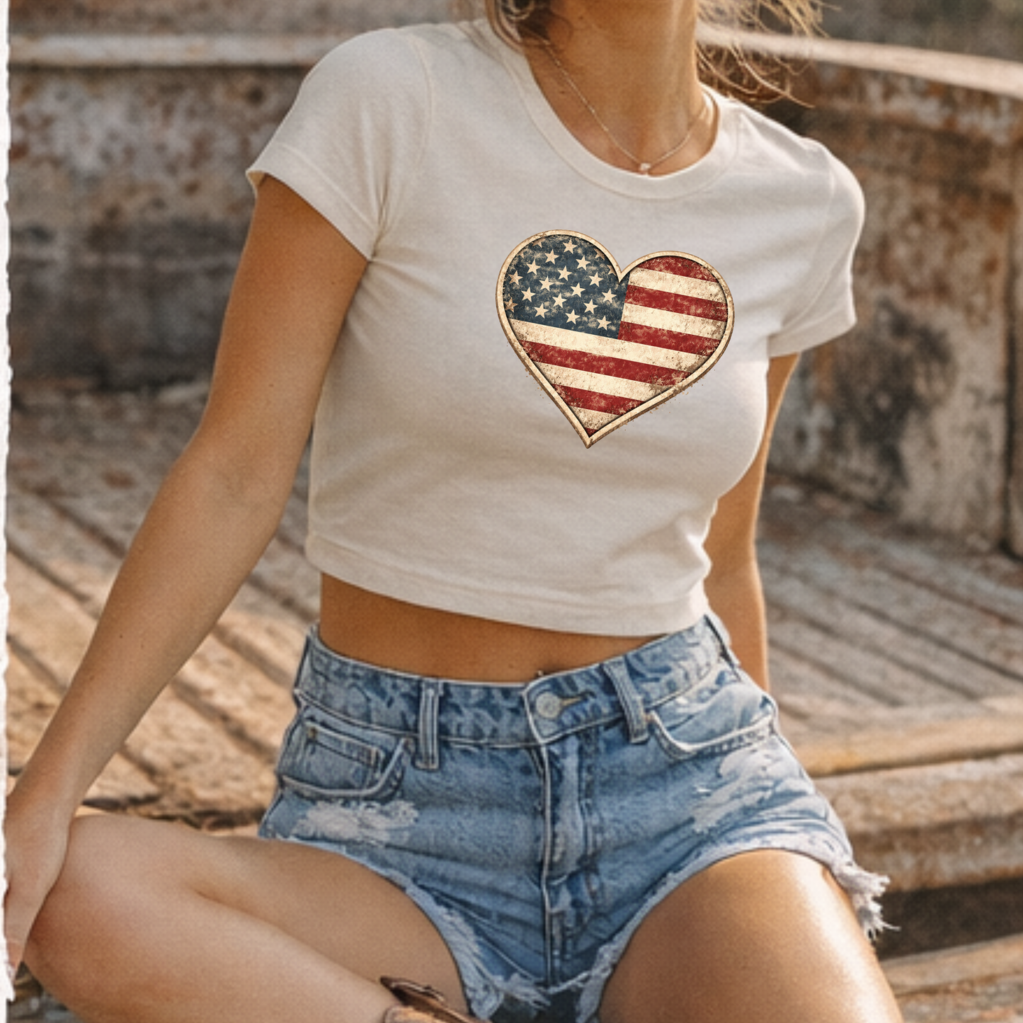 Americana Flag Heart Crop Top • Vintage Patriotic Heart Baby Tee • Distressed USA Graphic Shirt