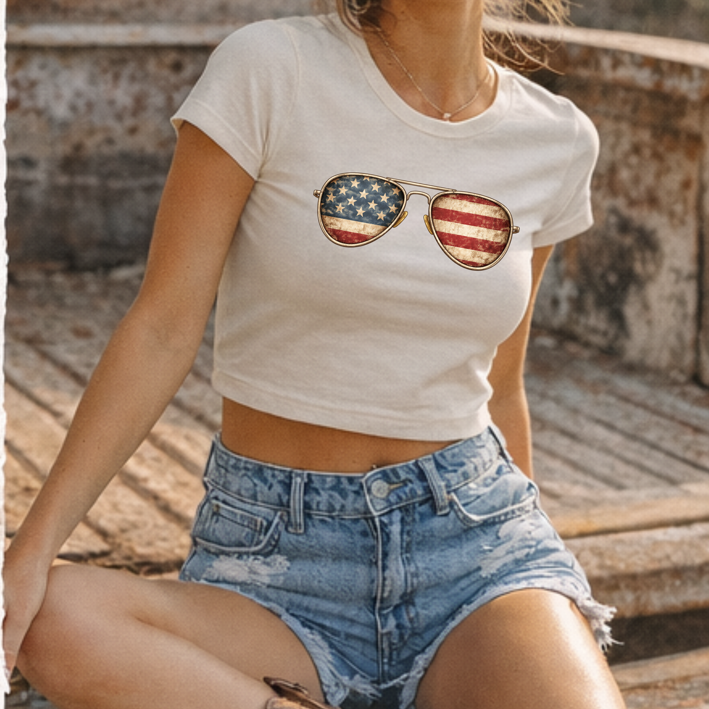 Patriotic Aviator Crop Top • Vintage Flag Sunglasses Baby Tee • Americana Graphic Crop Top