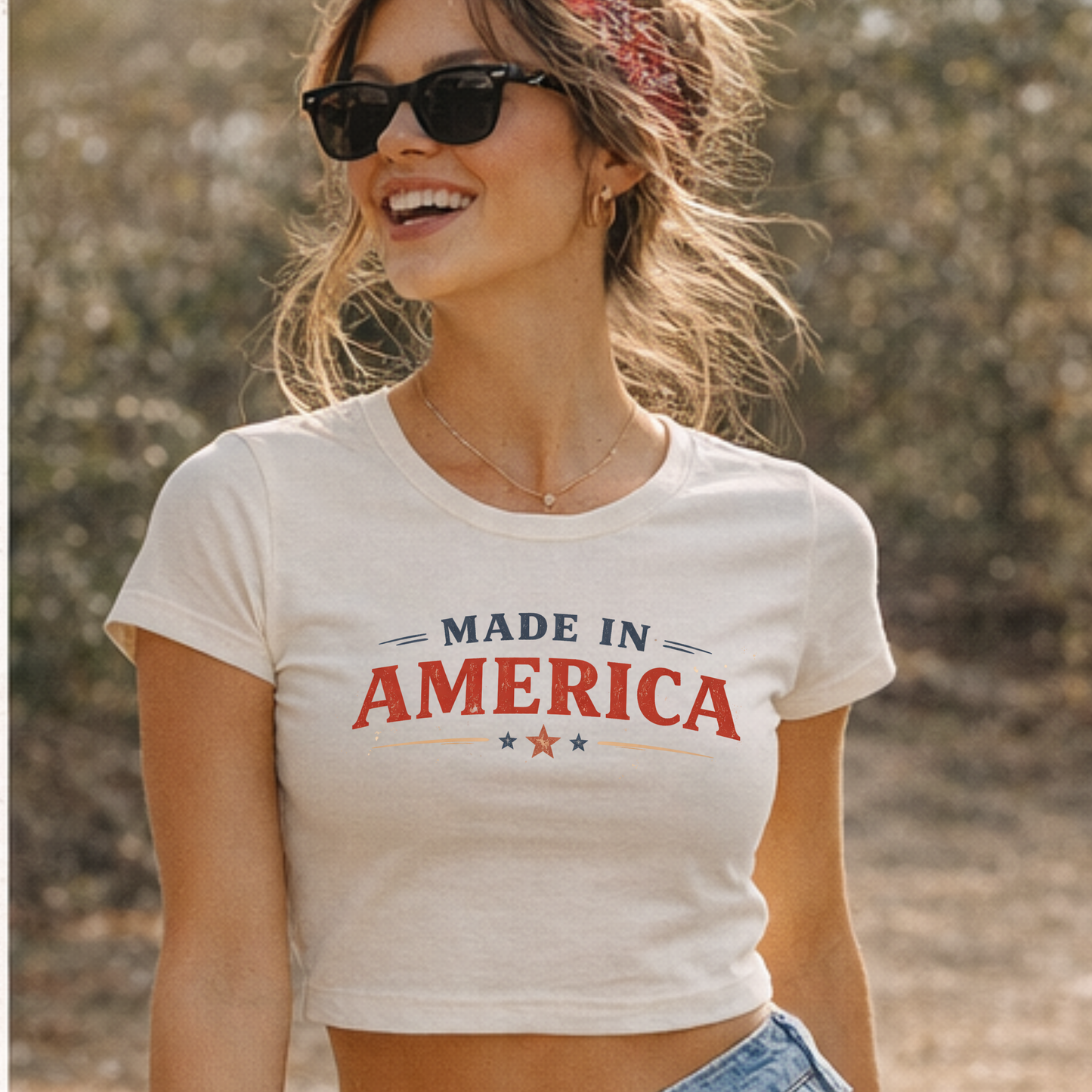 Made in America Cropped Tee • Patriotic Graphic Baby Tee for Women