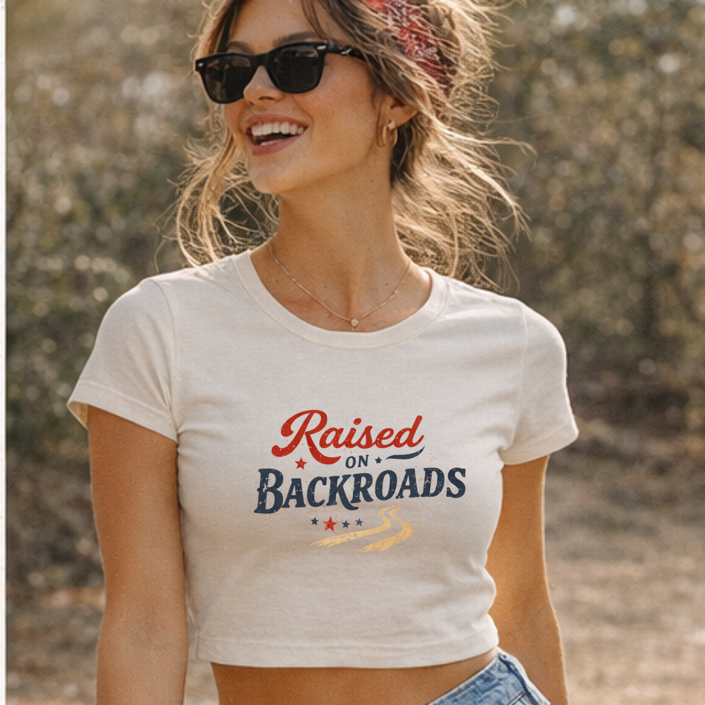 Raised on Backroads Cropped Tee • Americana Graphic Baby Tee • Country Roads Shirt for Women