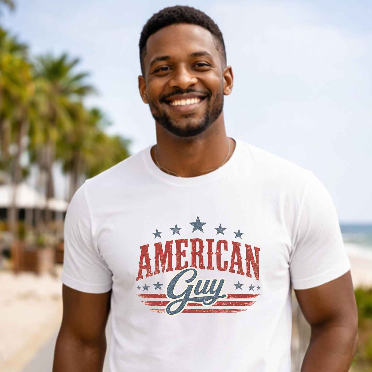 American Guy patriotic graphic tee on Bella Canvas white shirt with vintage Americana design
