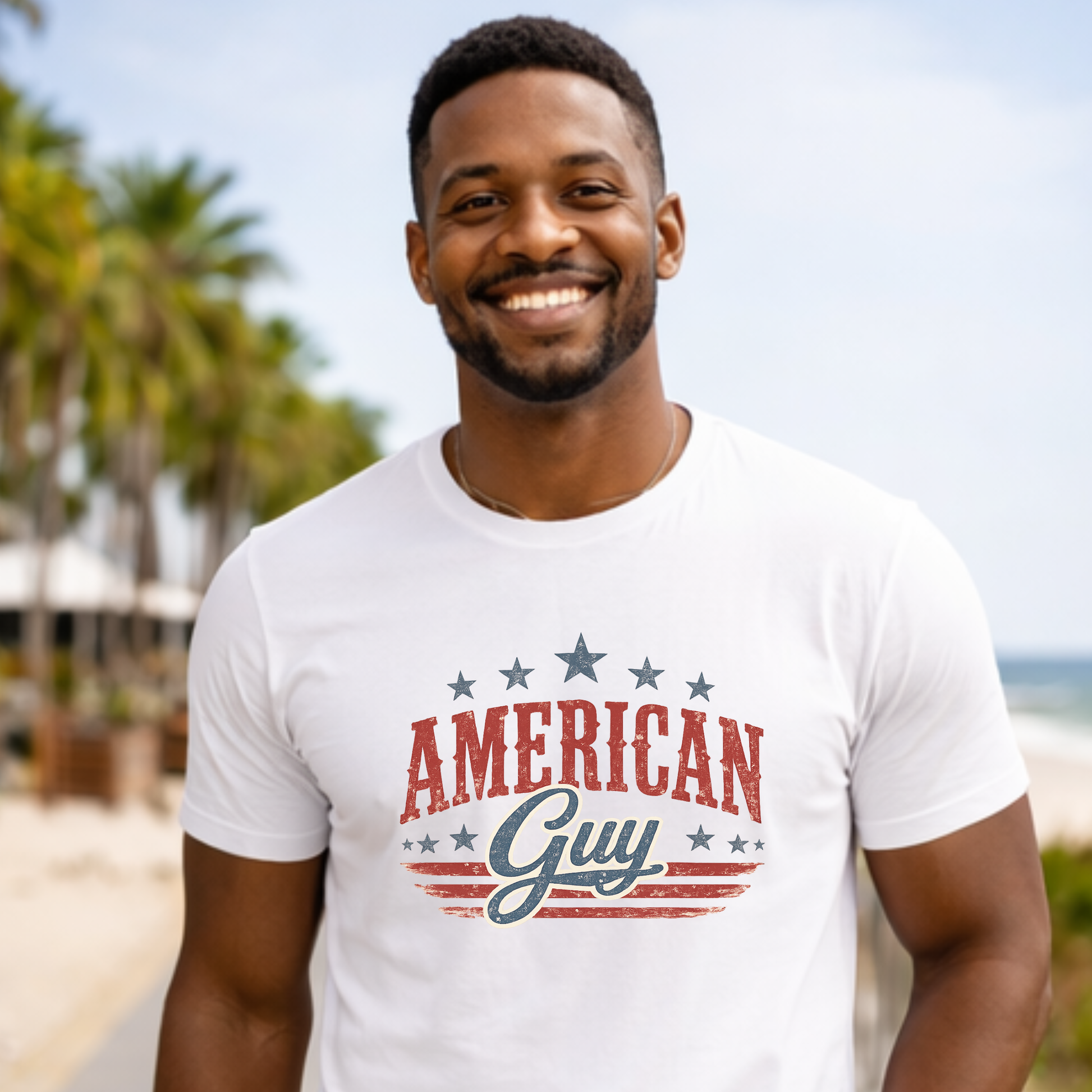American Guy patriotic graphic tee on Bella Canvas white shirt with vintage Americana design