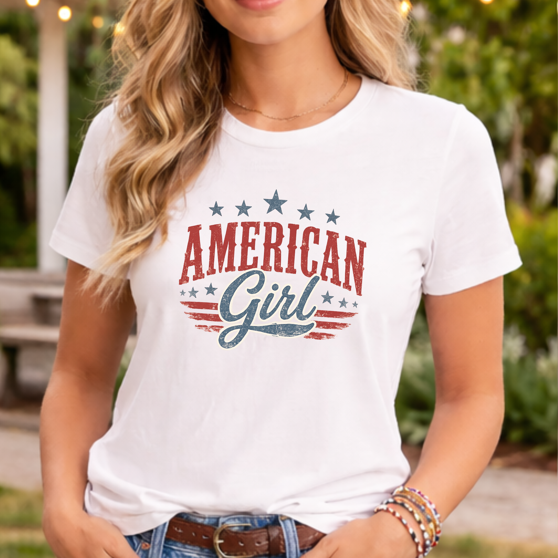 American Girl patriotic graphic tee on Bella Canvas white shirt with vintage Americana design