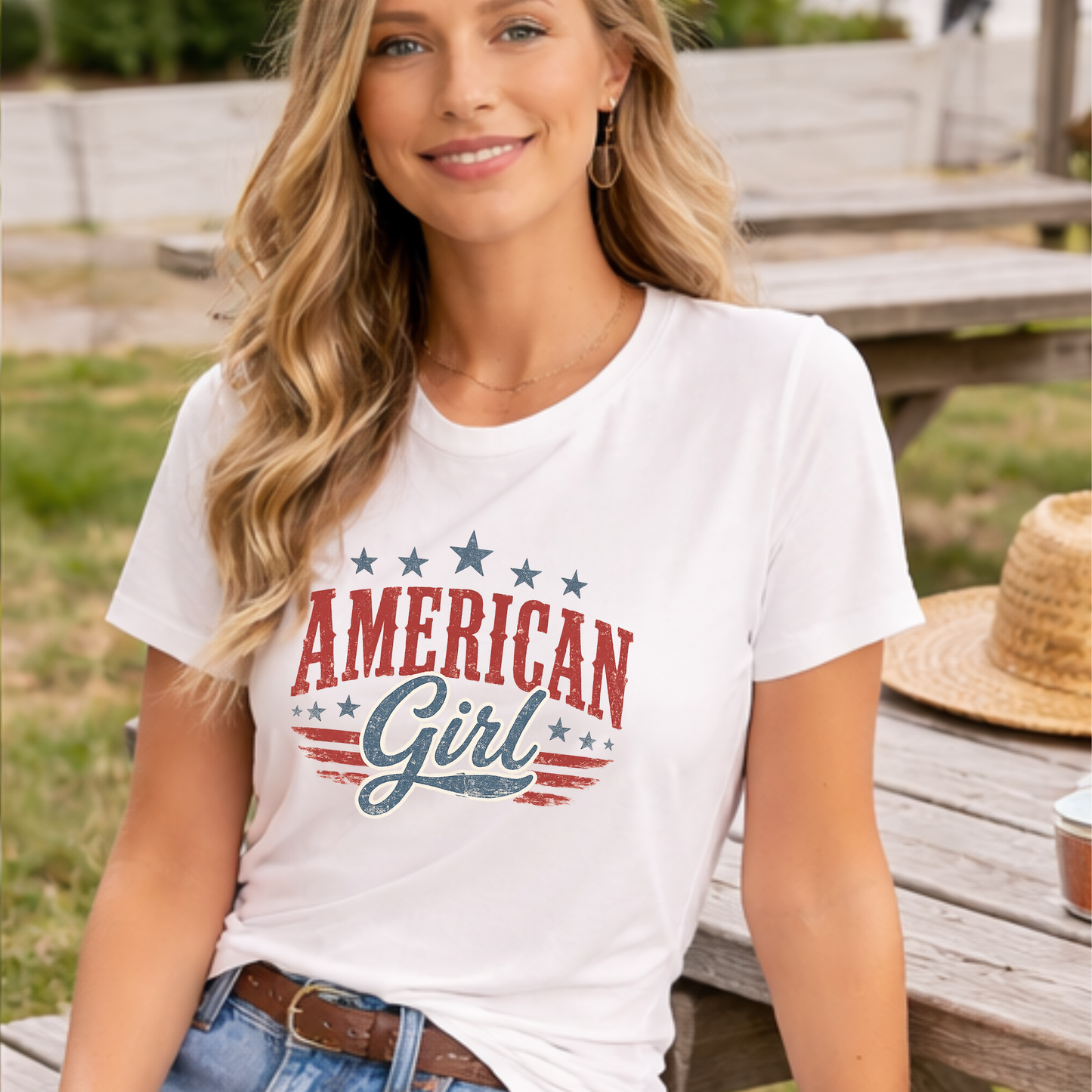 American Girl Graphic Tee • Patriotic Shirt • Vintage Americana T Shirt • Bella Canvas 3001 • 4th of July Shirt • Country Style Women’s Tee