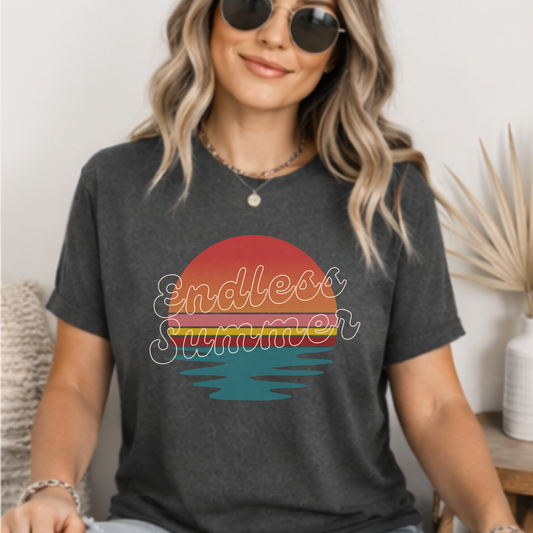Endless Summer Shirt, Beach Graphic Tee, Coastal Summer Shirt, Retro Sunset Tee, Vacation Outfit, Bella+Canvas 3001 Shirt, Unisex T-Shirt