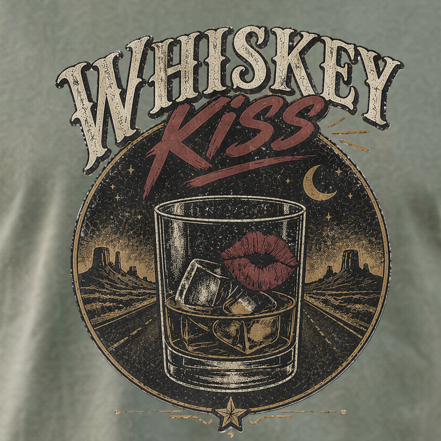 Close up of Whiskey Kiss vintage distressed graphic design