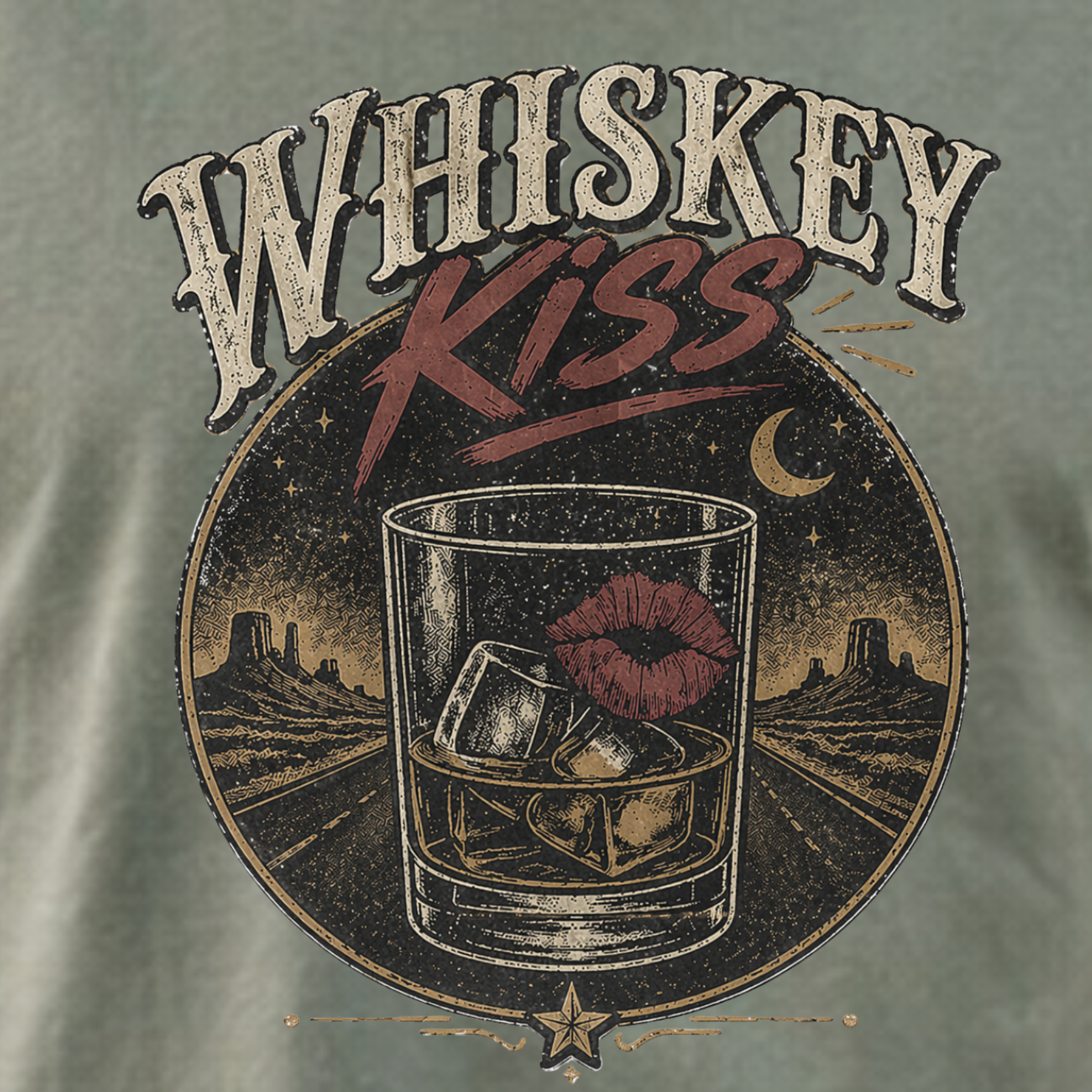 Close up of Whiskey Kiss vintage distressed graphic design