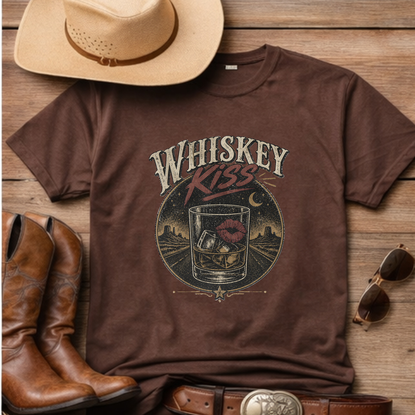 Whiskey Kiss shirt flat lay with western accessories