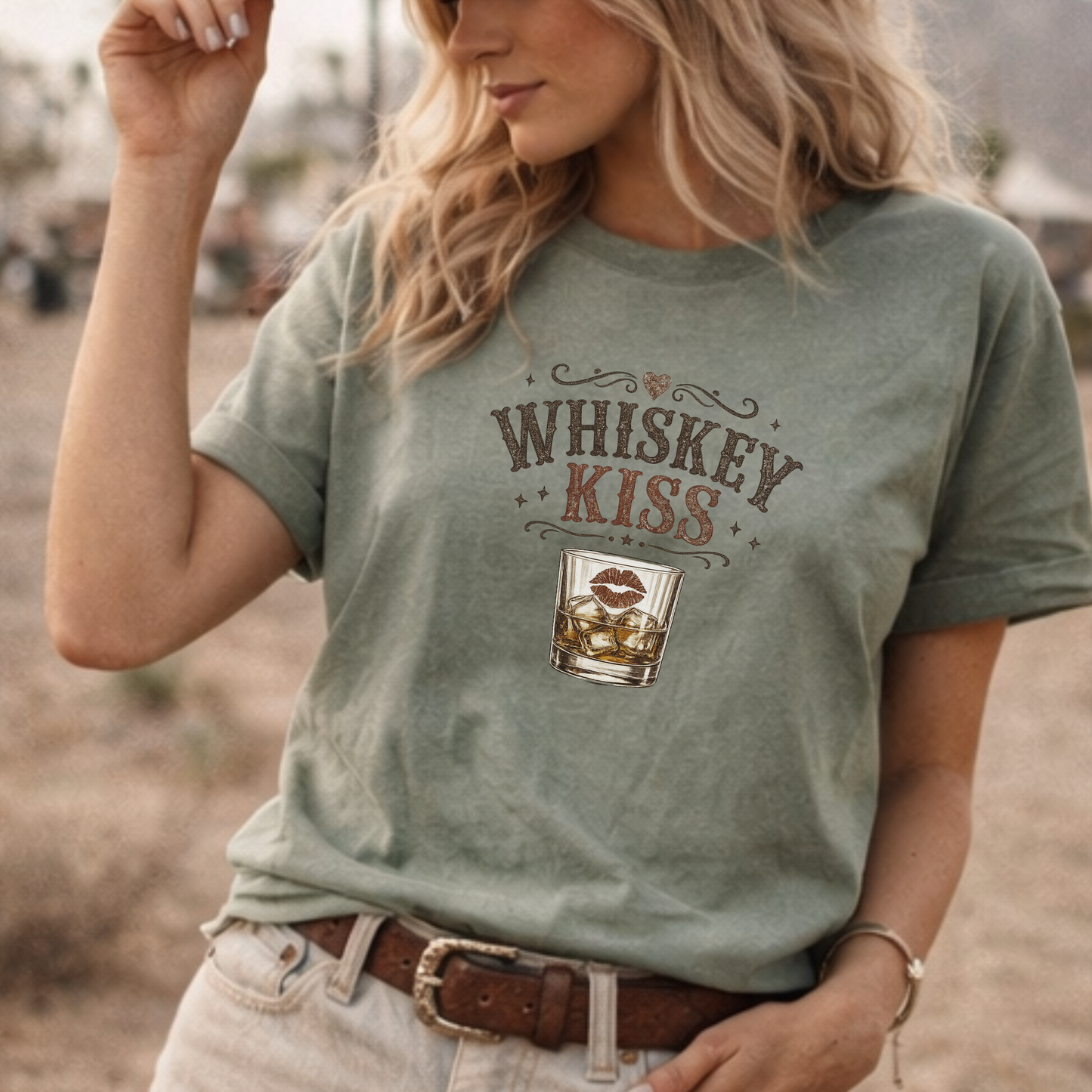 Close up of Whiskey Kiss distressed western graphic
