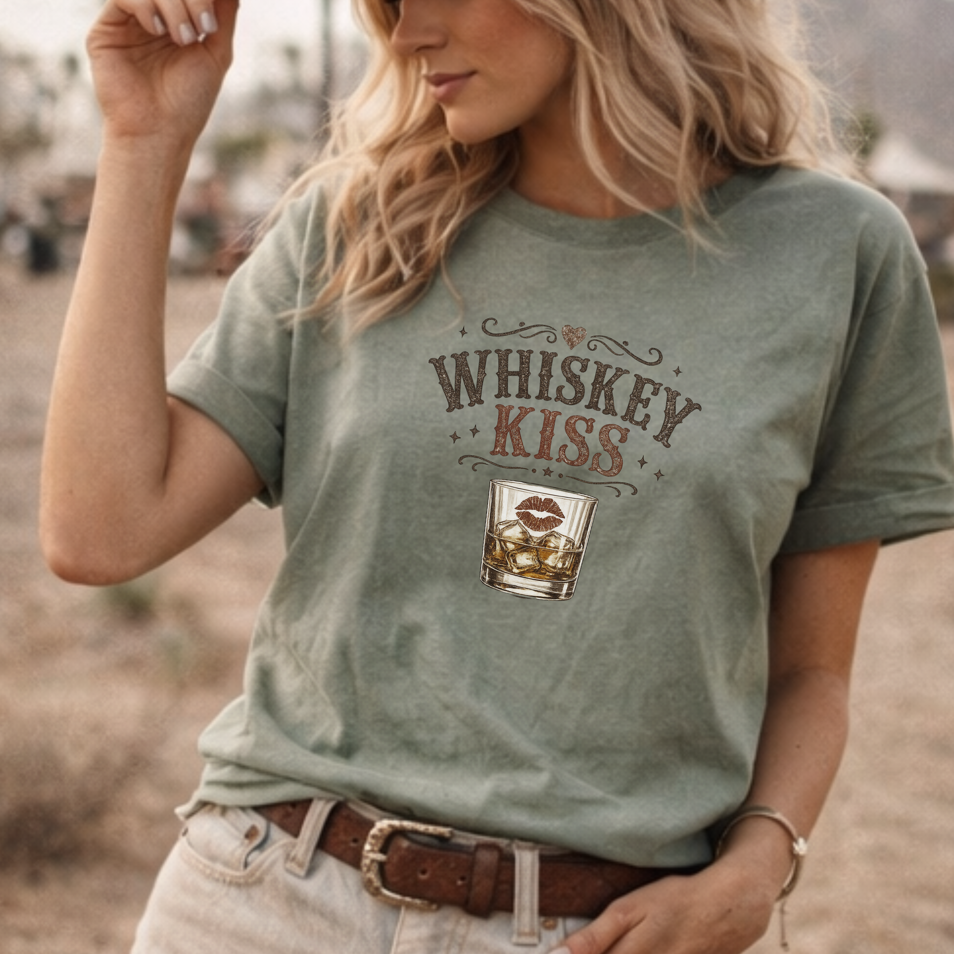 Close up of Whiskey Kiss distressed western graphic