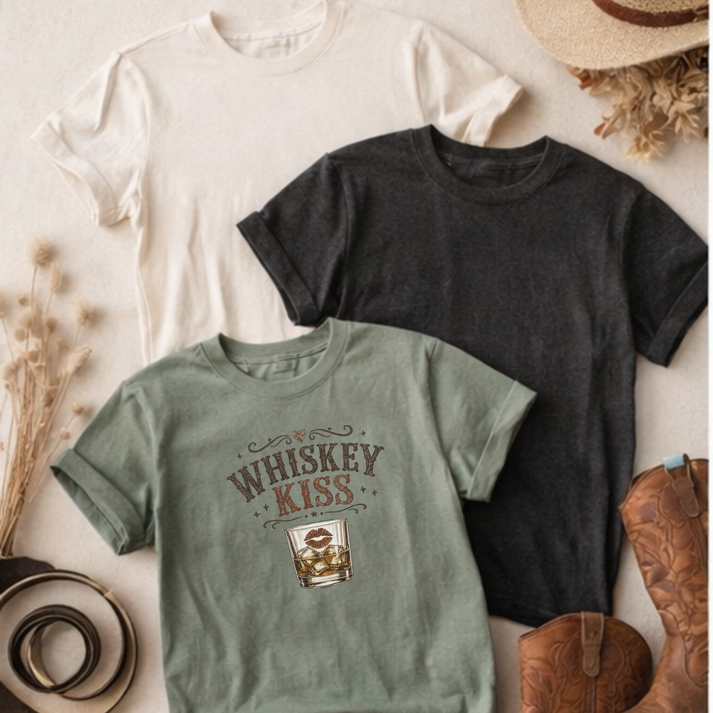 Whiskey Kiss western shirt flat lay with boots and accessories