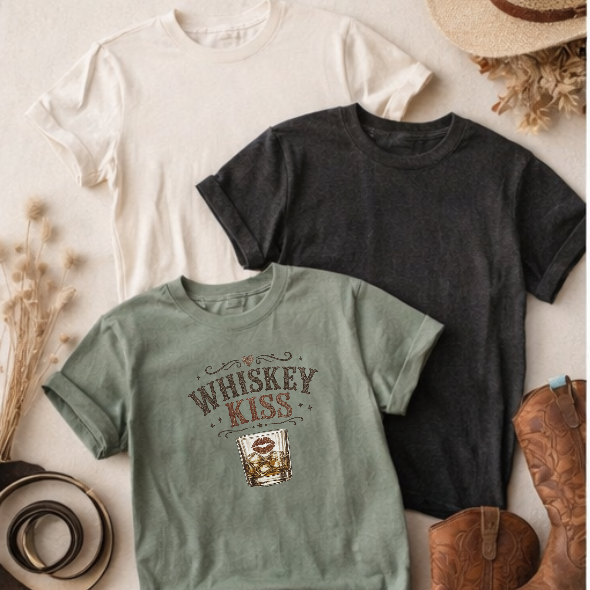 Whiskey Kiss western shirt flat lay with boots and accessories