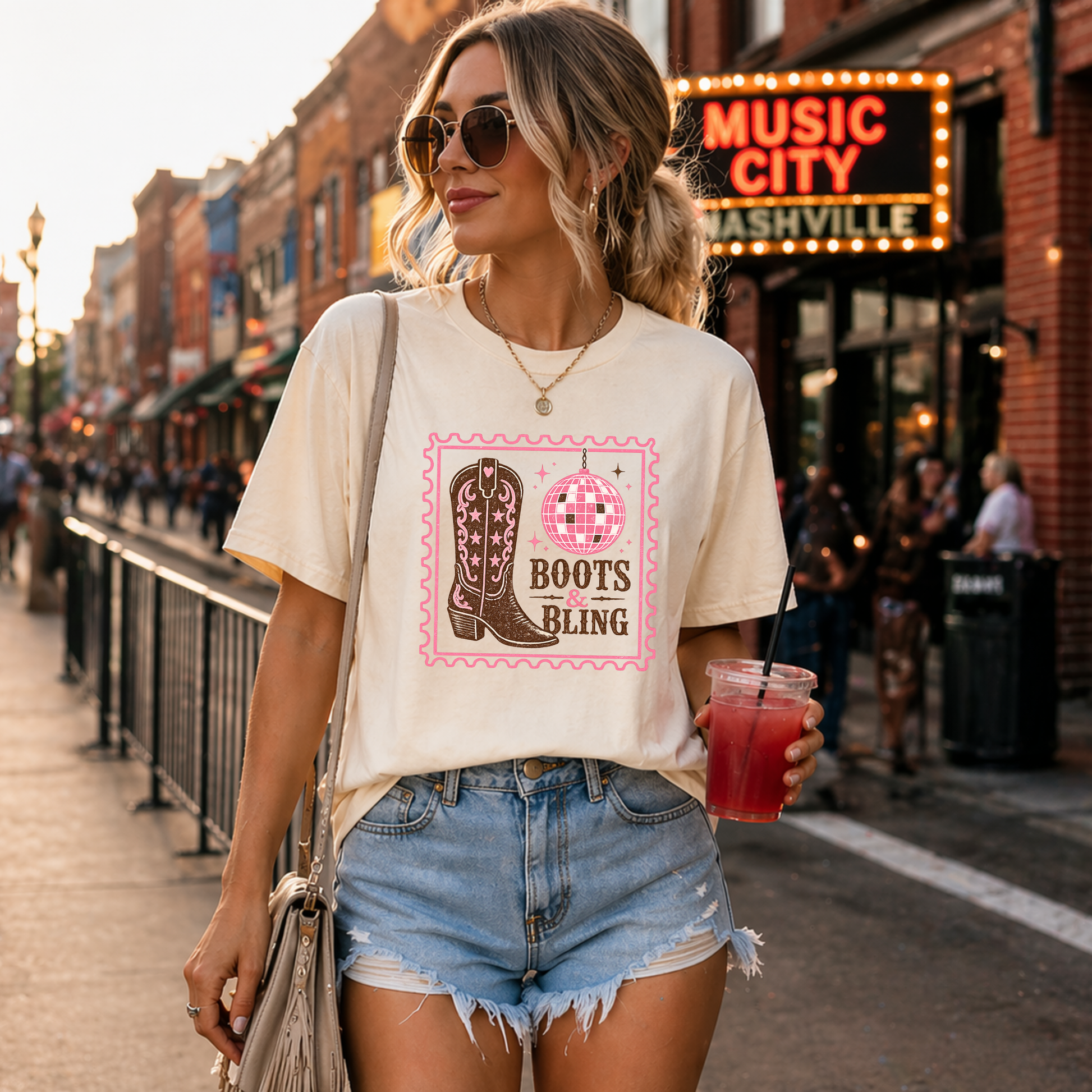 Boots and Bling graphic tee styled with denim shorts and boots in Nashville street outfit