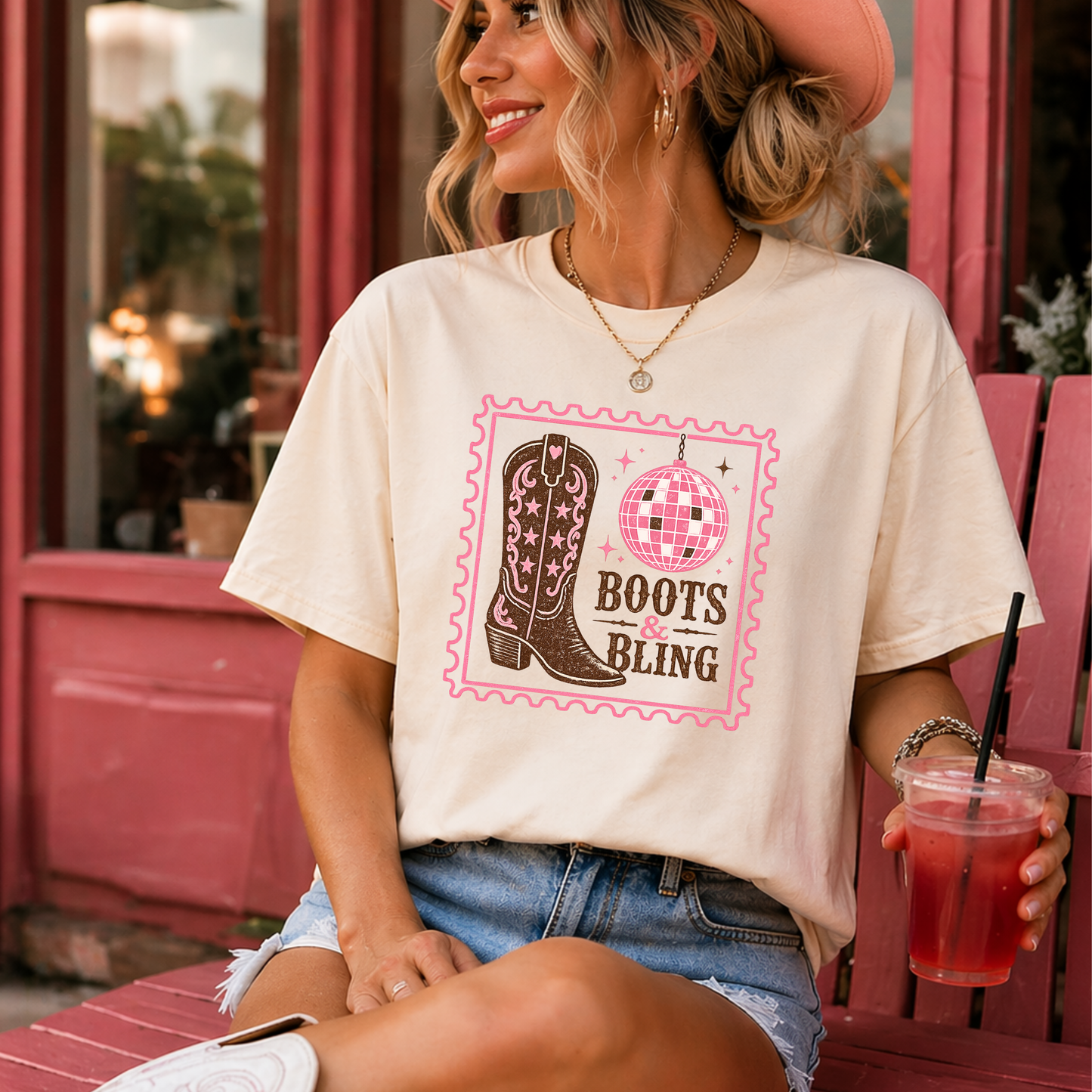 Boots and Bling disco cowgirl shirt styled with denim shorts and white boots
