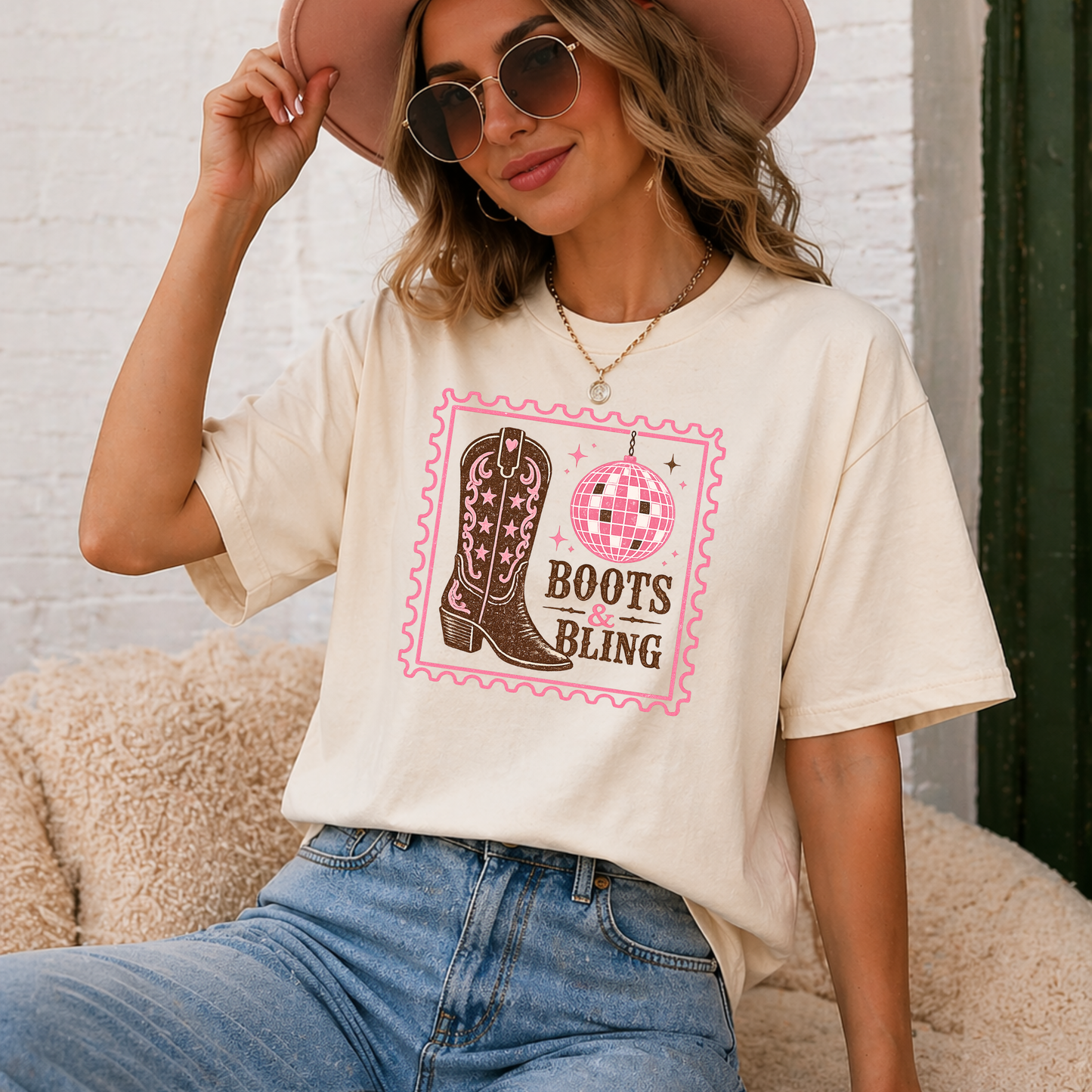 Woman wearing Boots and Bling western graphic tee with pink hat and jeans
