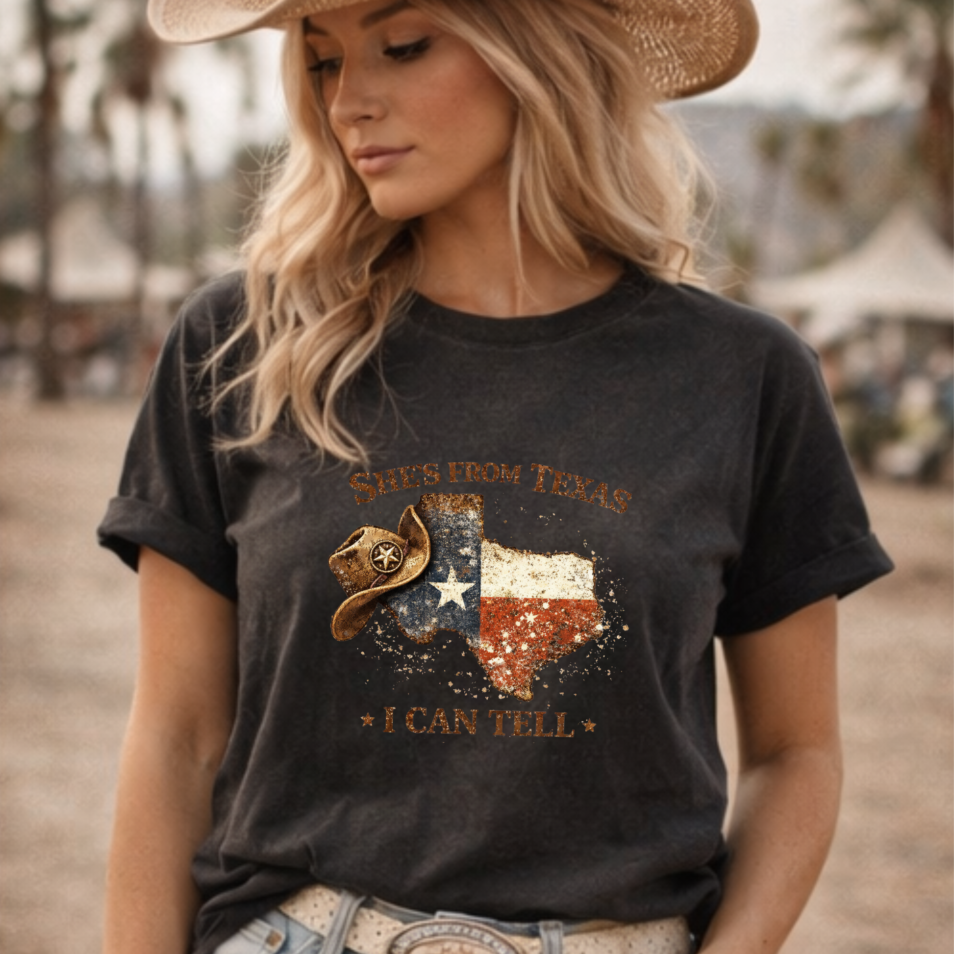 Vintage Texas pride graphic close up on pepper tee
