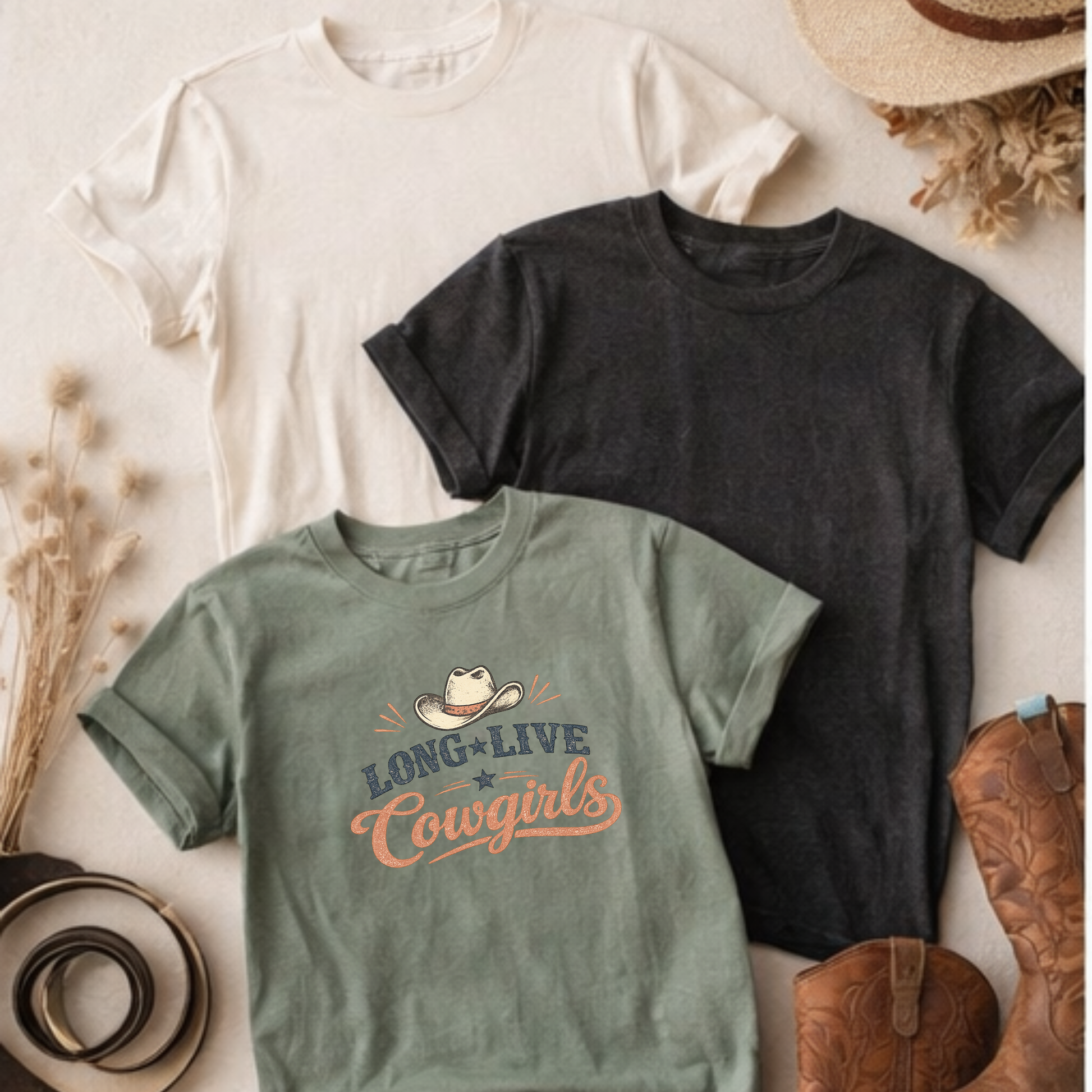 Three t-shirts in white, black, and green with a 'Long Live Cowgirls' design on a light background.
