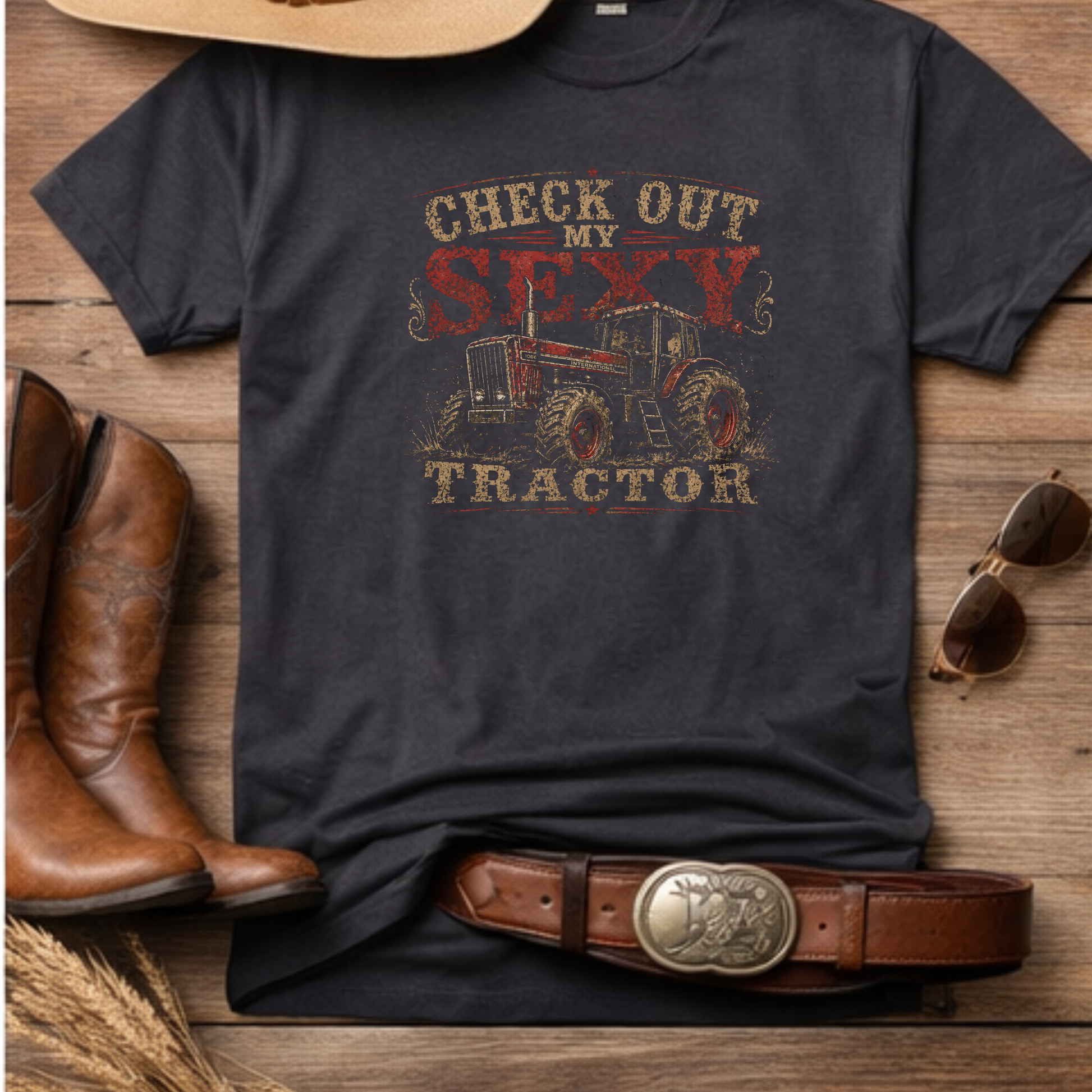 Funny farm shirt styled with denim and boots outfit
