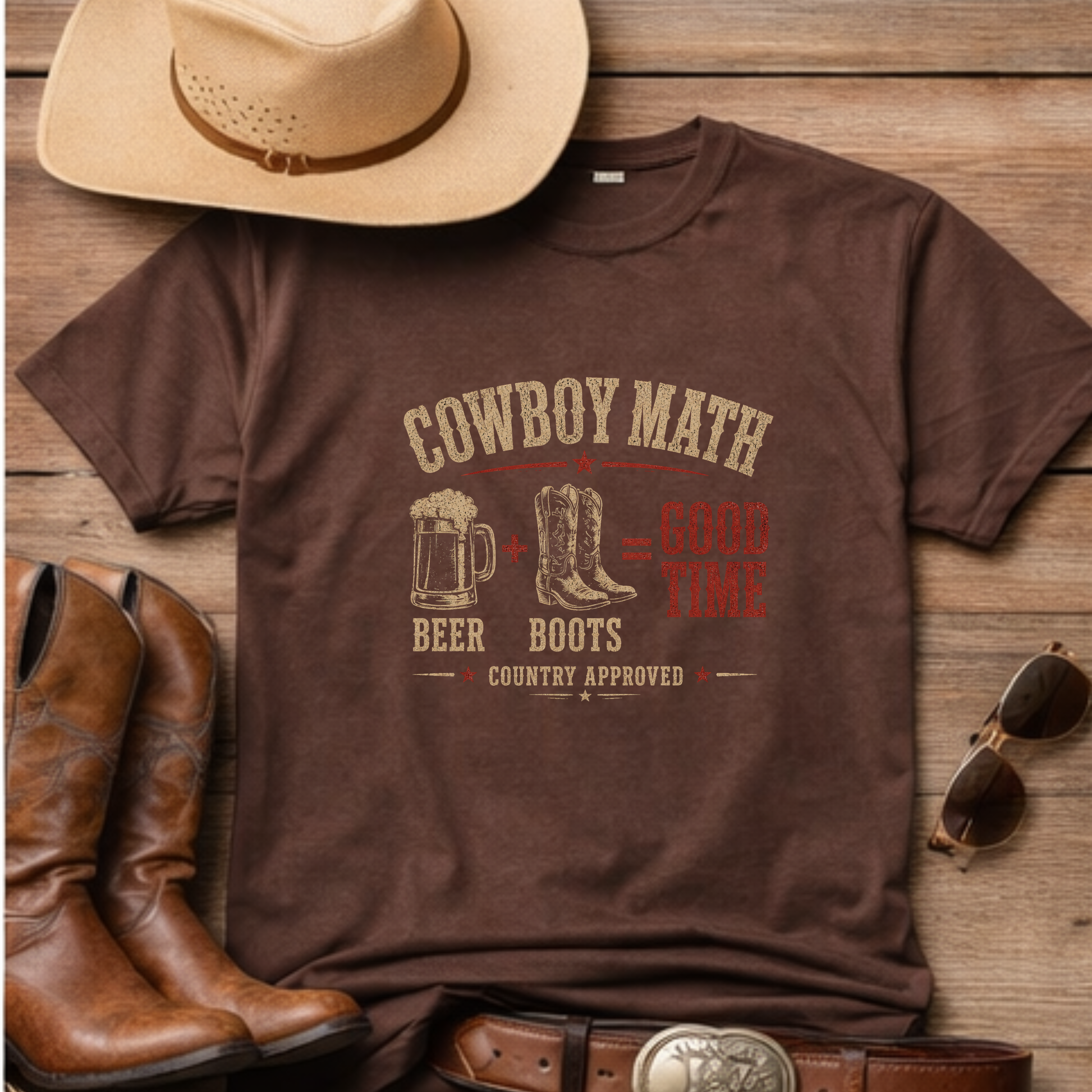Country humor t-shirt styled with denim and boots outfit in espresso