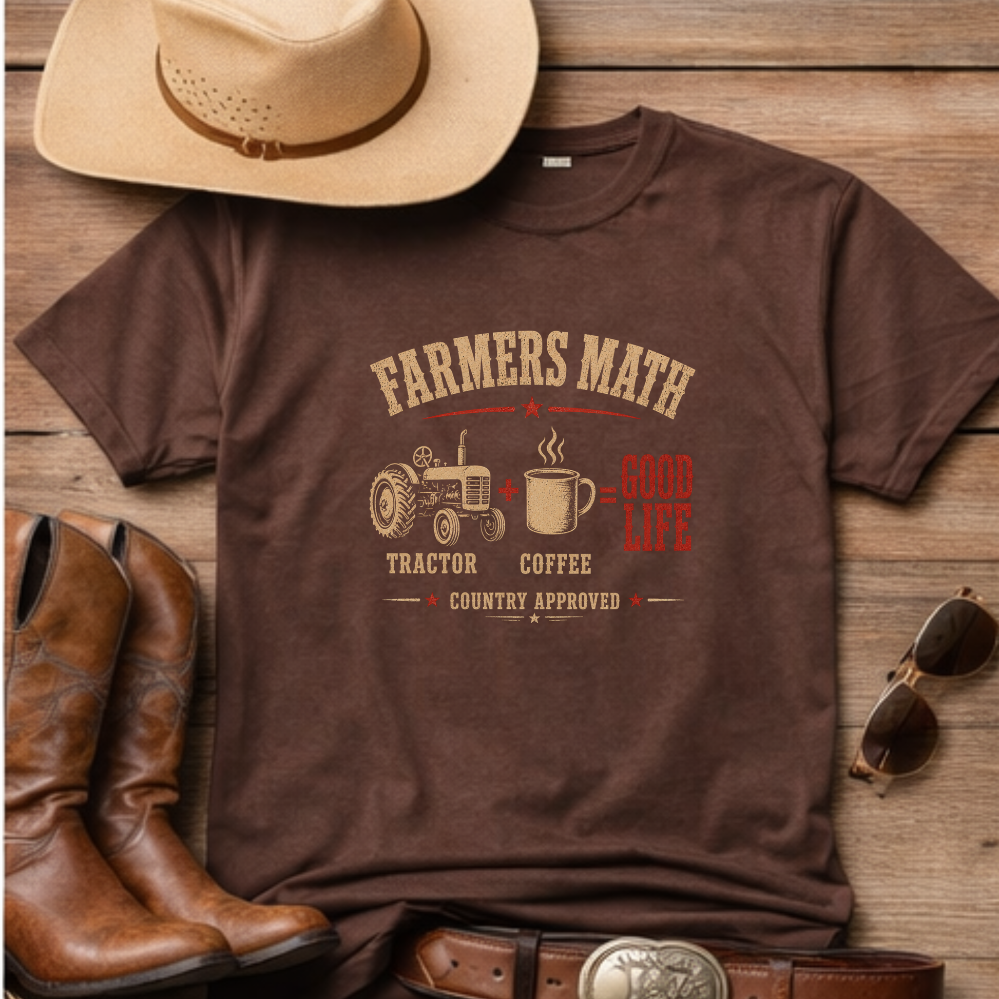 Western humor t-shirt styled with hat, boots and belt Farmers math in espresso