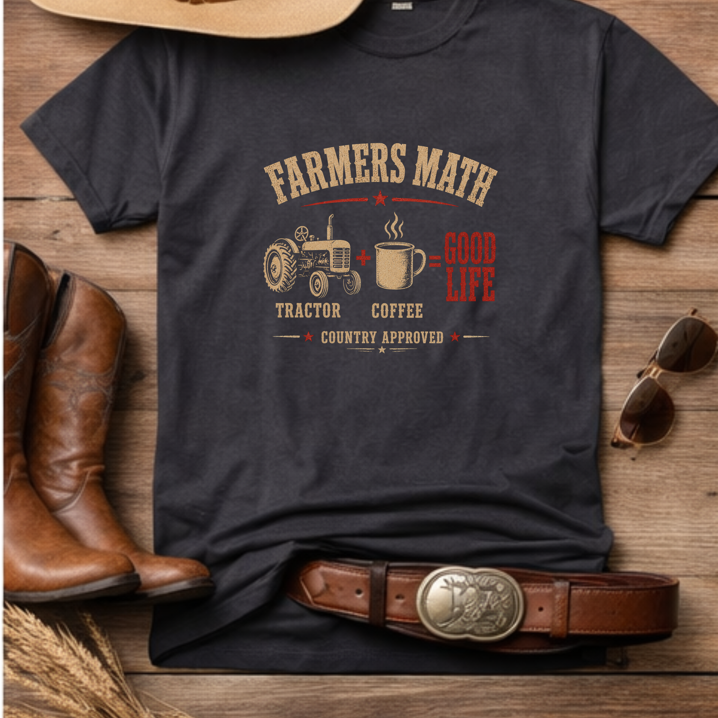 Western humor t-shirt styled with hat, boots and belt Farmers math in pepper