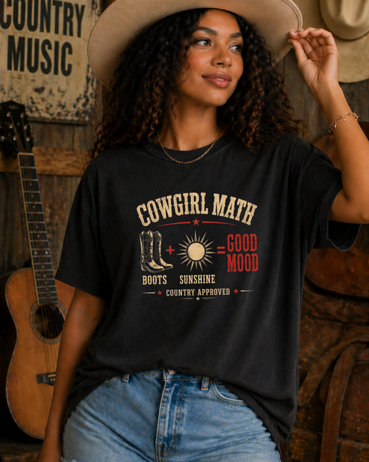 Cowgirl Math graphic tee with boots and sunshine western design