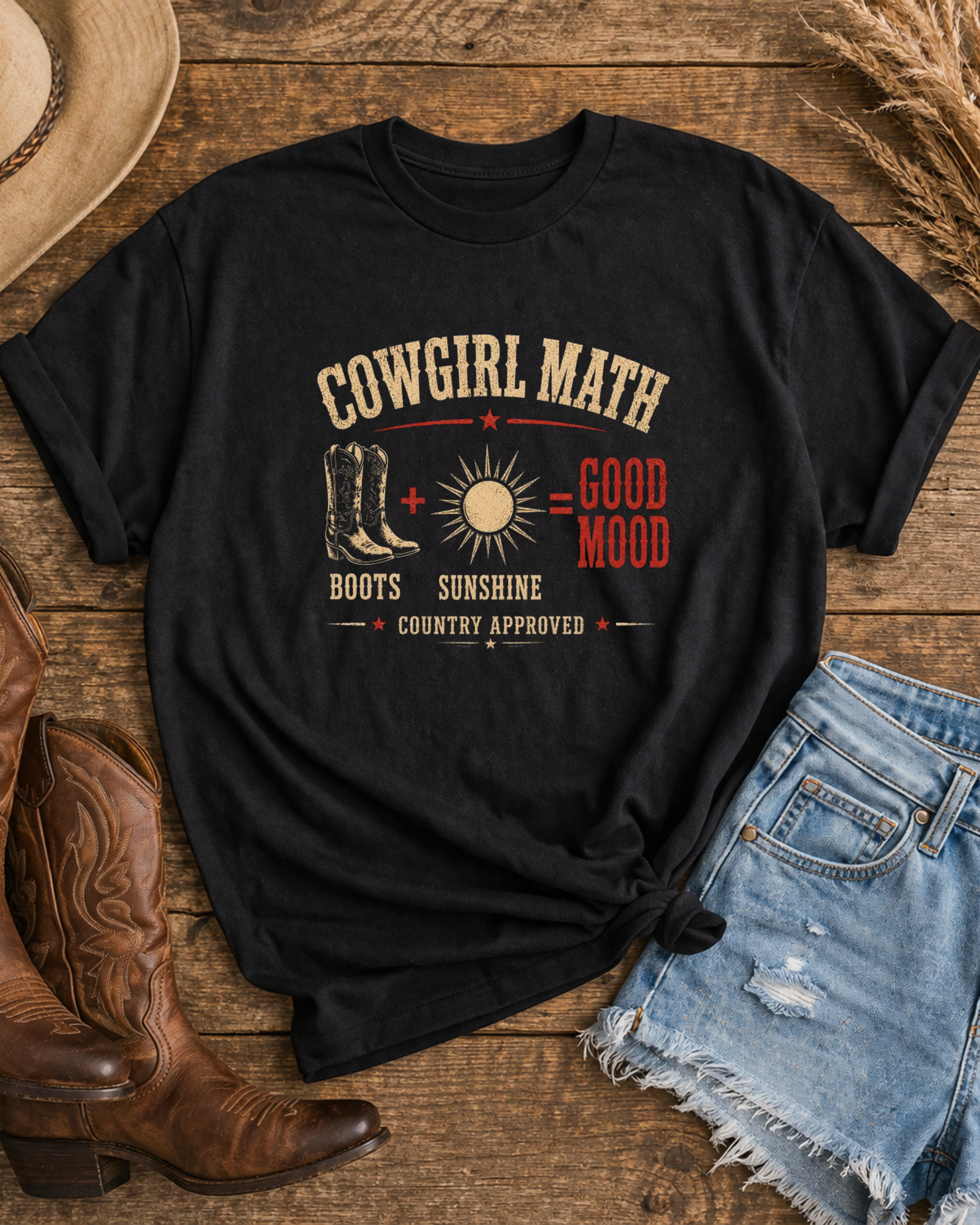 Western cowgirl shirt styled with denim shorts and boots outfit