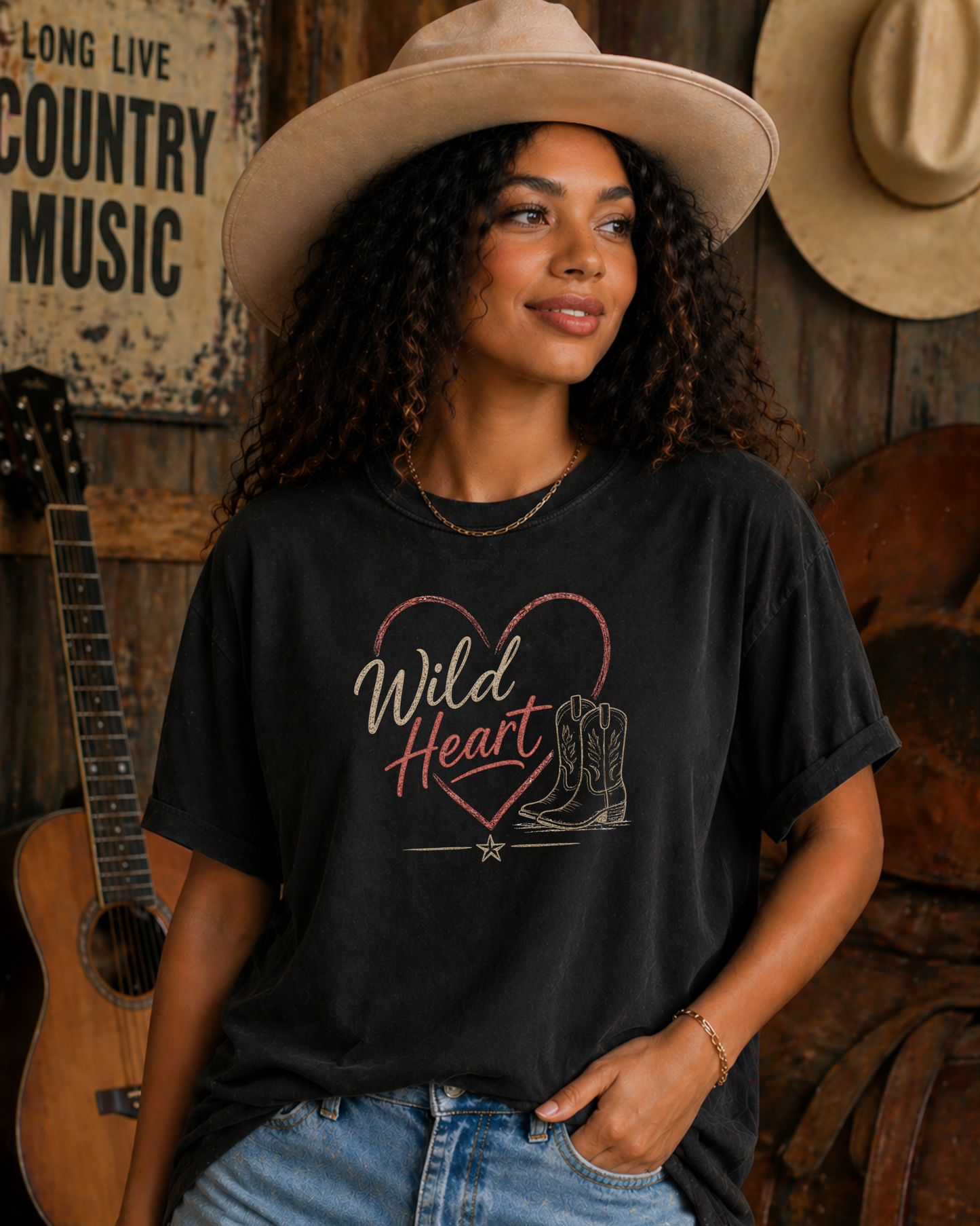Black western Wild Heart tee outfit with neutral cowgirl aesthetic