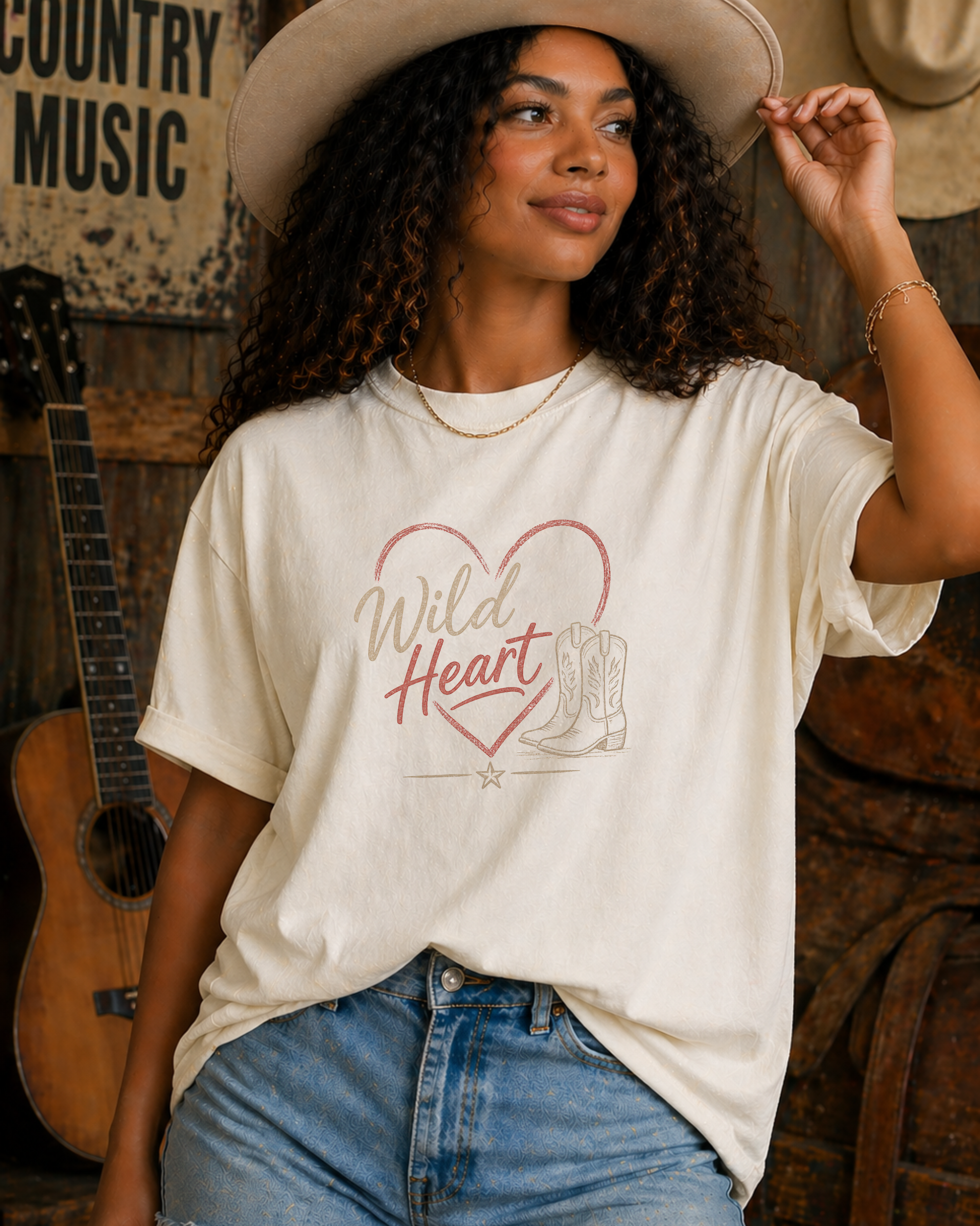Wild Heart western graphic tee on ivory shirt with cowgirl boots design