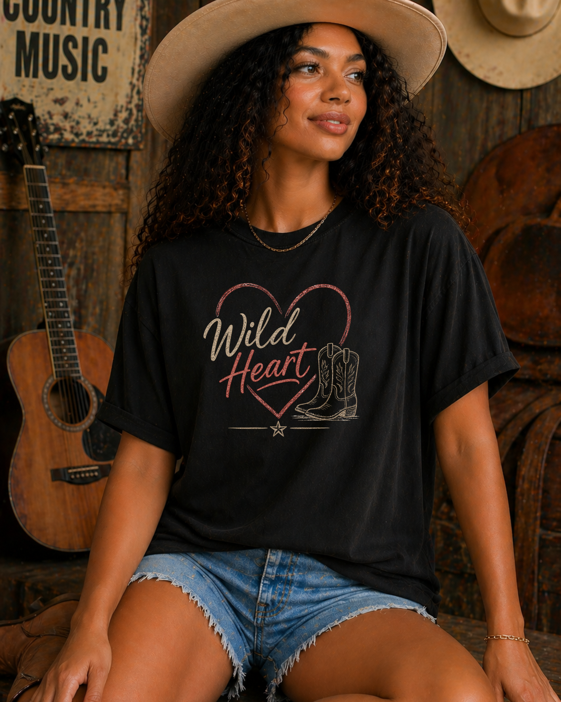 Black western Wild Heart tee outfit with neutral cowgirl aesthetic