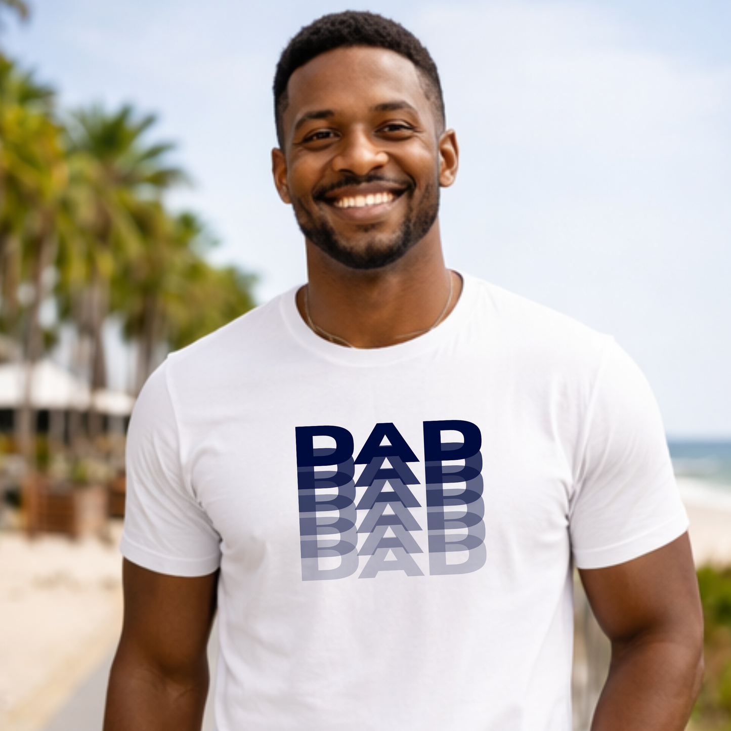 Man wearing retro dad gradient graphic t-shirt