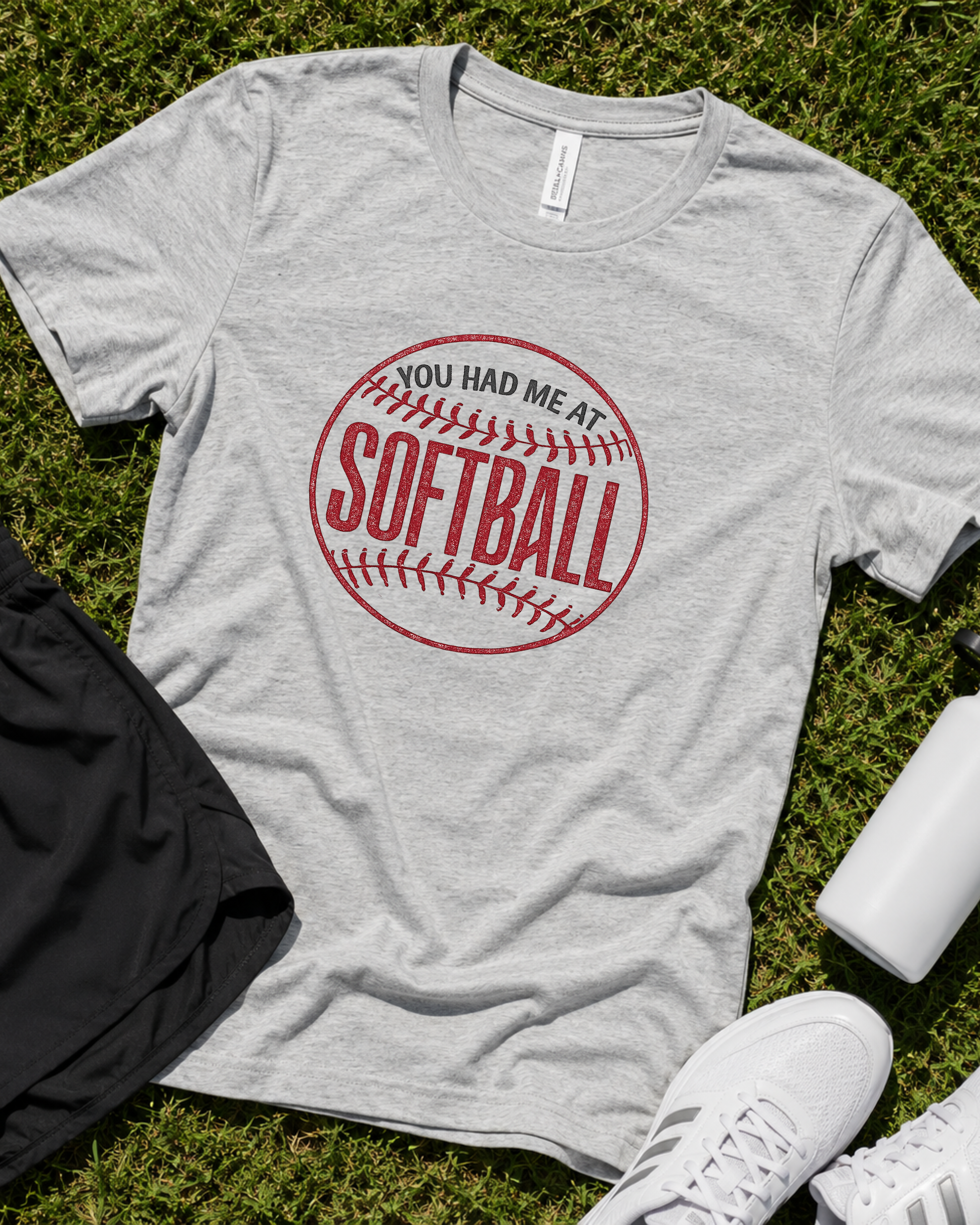 Athletic heather you had me at softball graphic tee flat lay with softball accessories