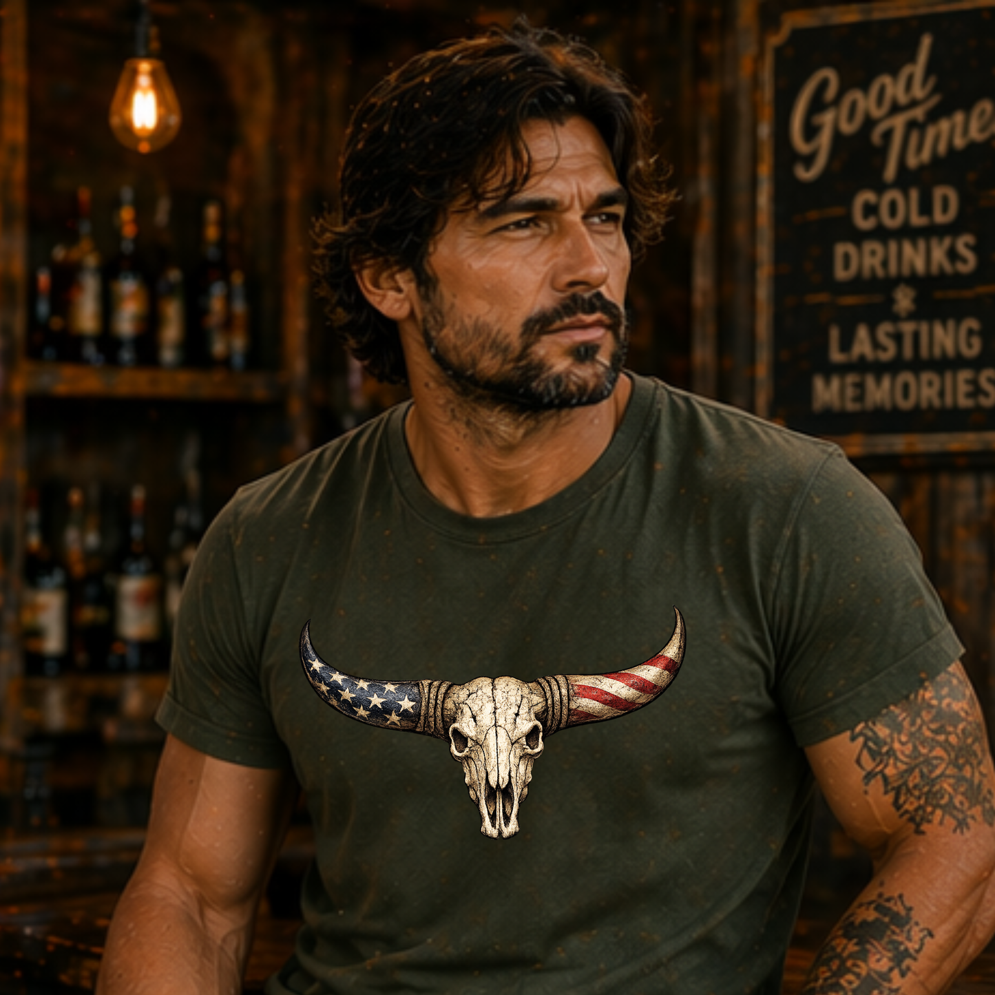 Vintage western graphic tee featuring a patriotic bull skull design with rustic Americana details