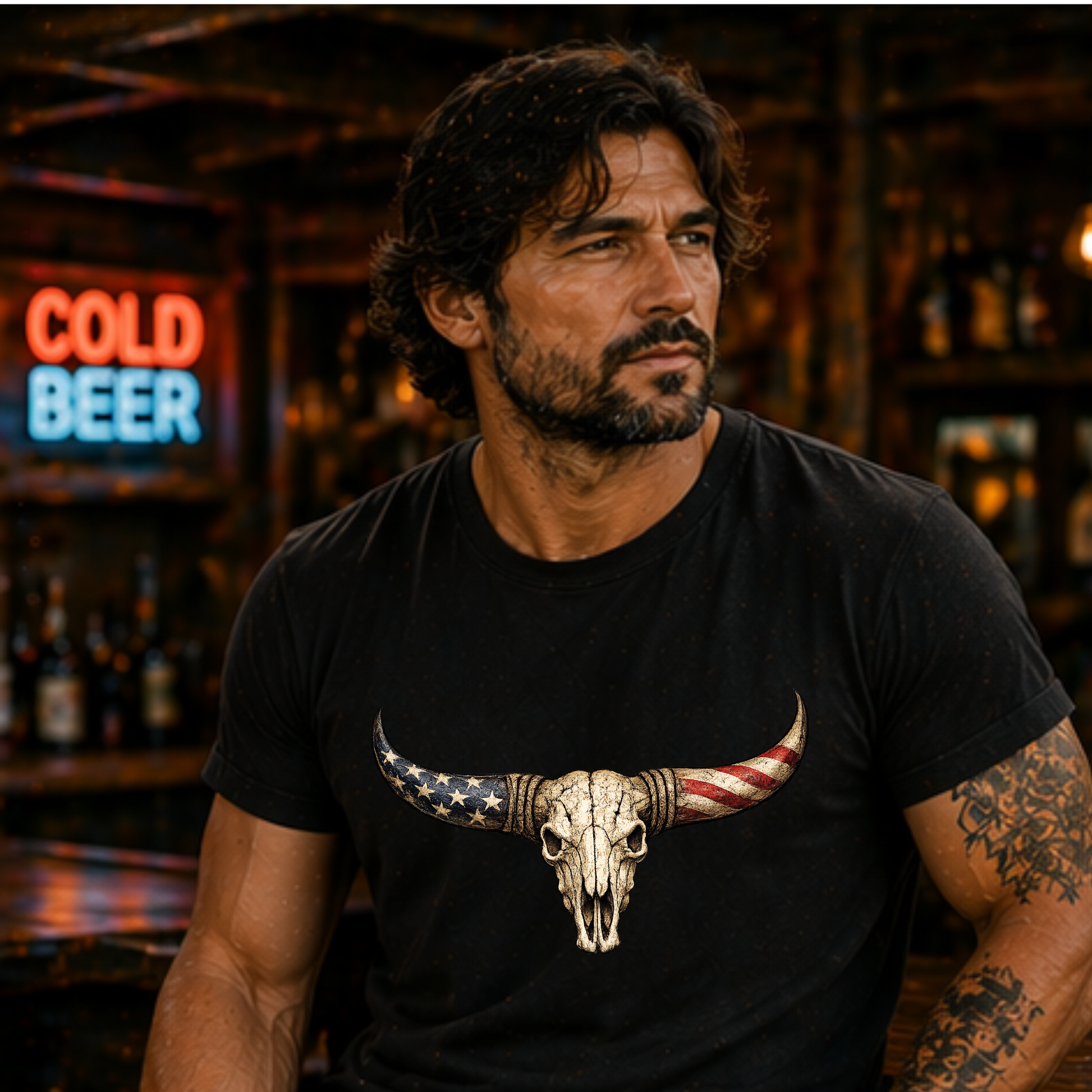 Man wearing a patriotic bull skull western graphic tee with distressed Americana design