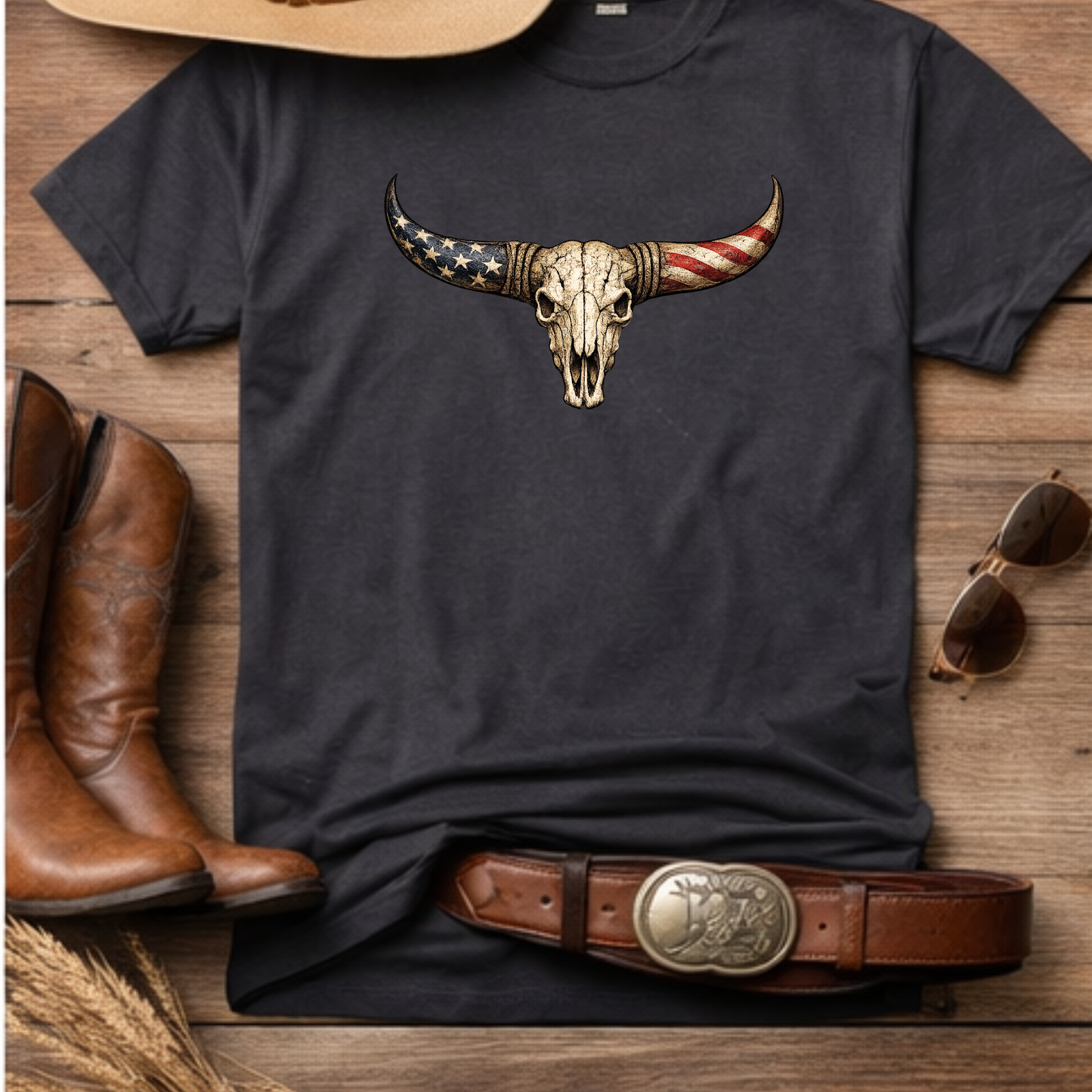 Patriotic bull skull western graphic tee flat lay with distressed western style artwork