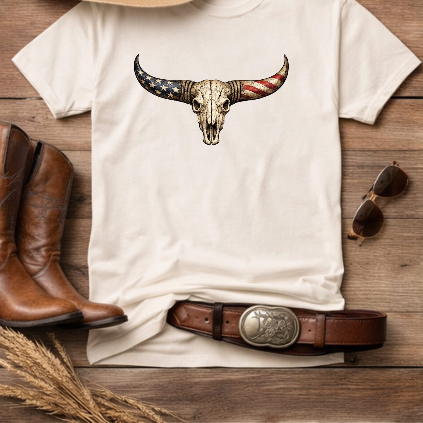Patriotic bull skull western graphic tee flat lay in natural with distressed western style artwork