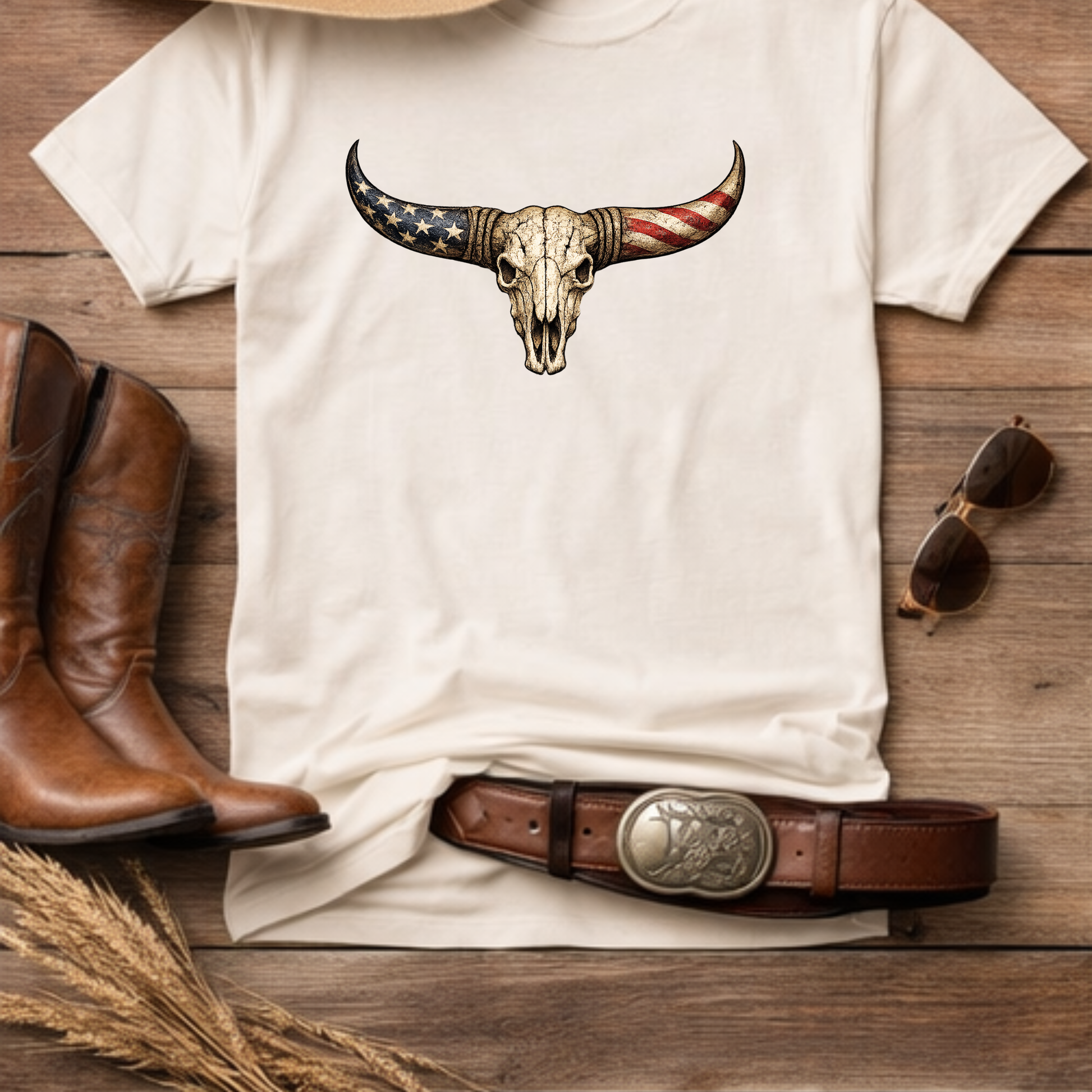 Patriotic bull skull western graphic tee flat lay in natural with distressed western style artwork