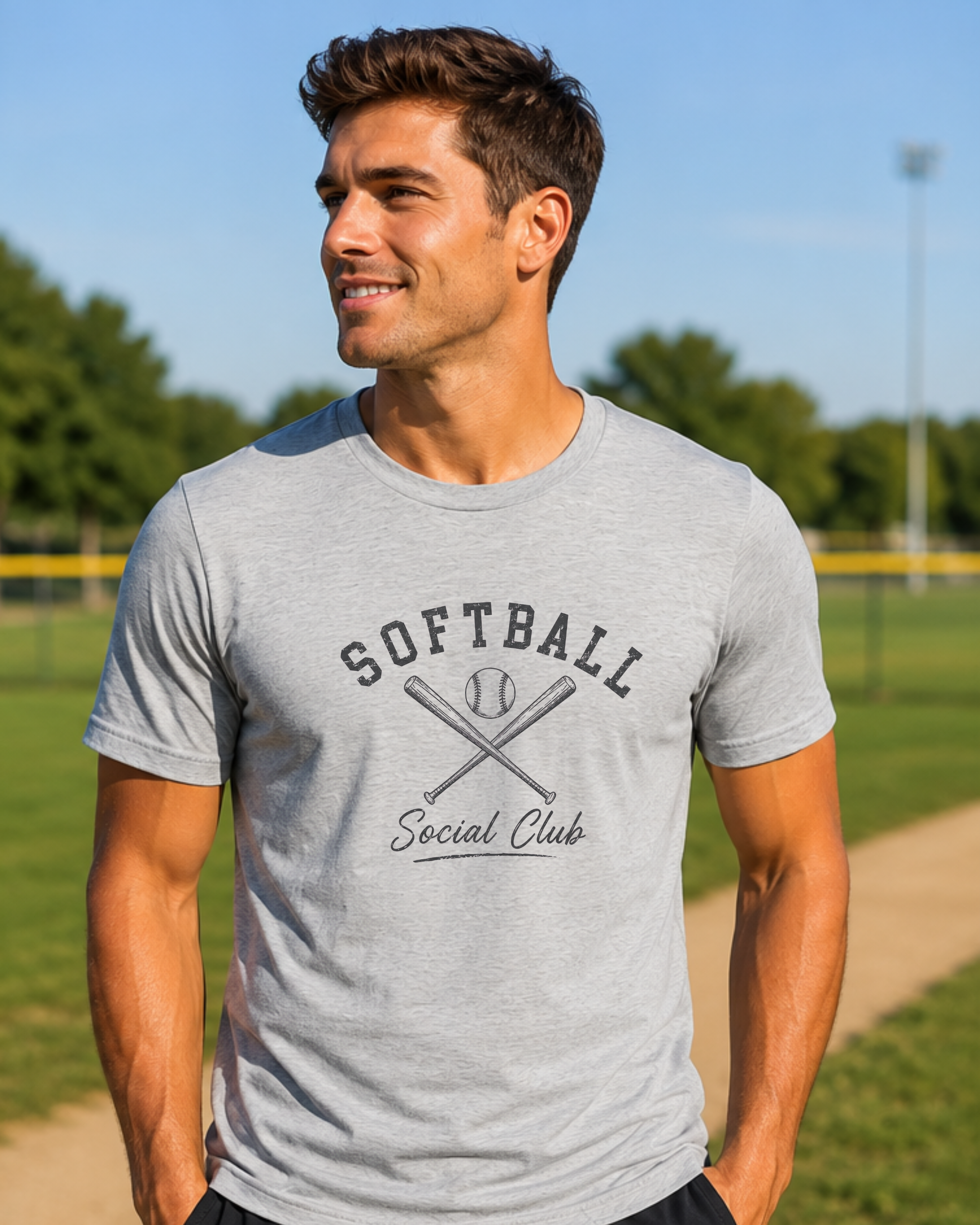 Man wearing an athletic heather softball social club graphic tee outdoors at a softball field