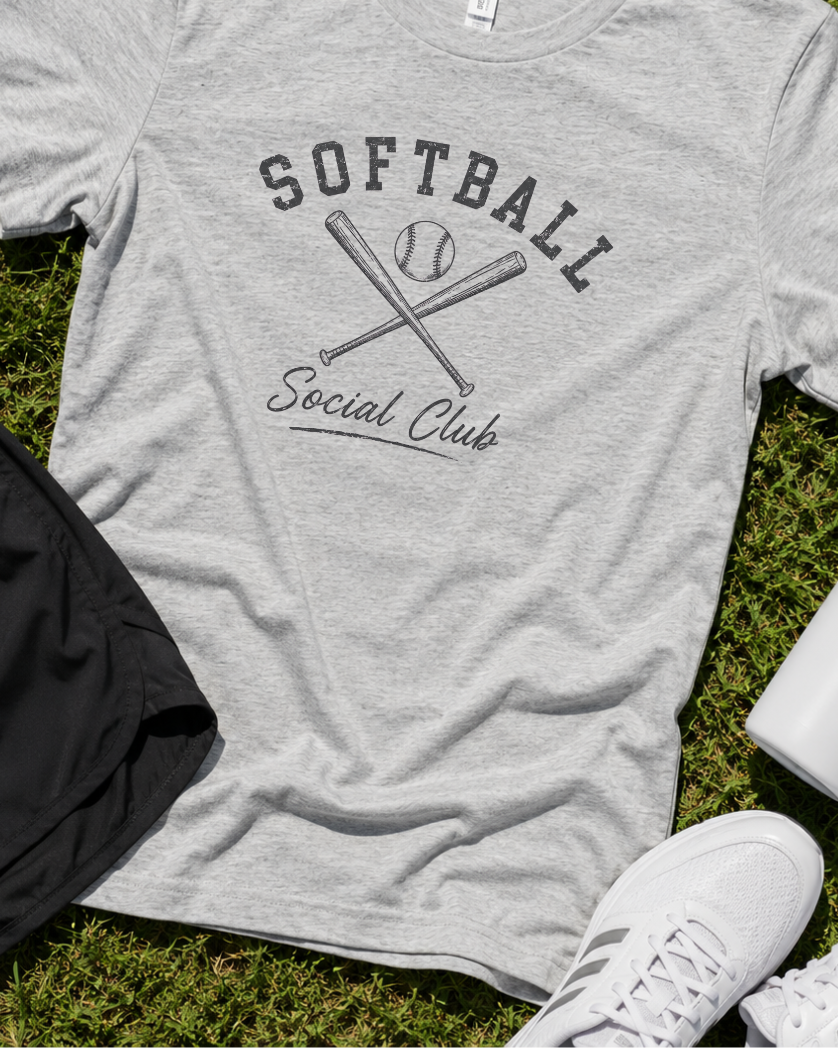 Athletic heather softball social club graphic tee with crossed bats and softball flat lay mockup